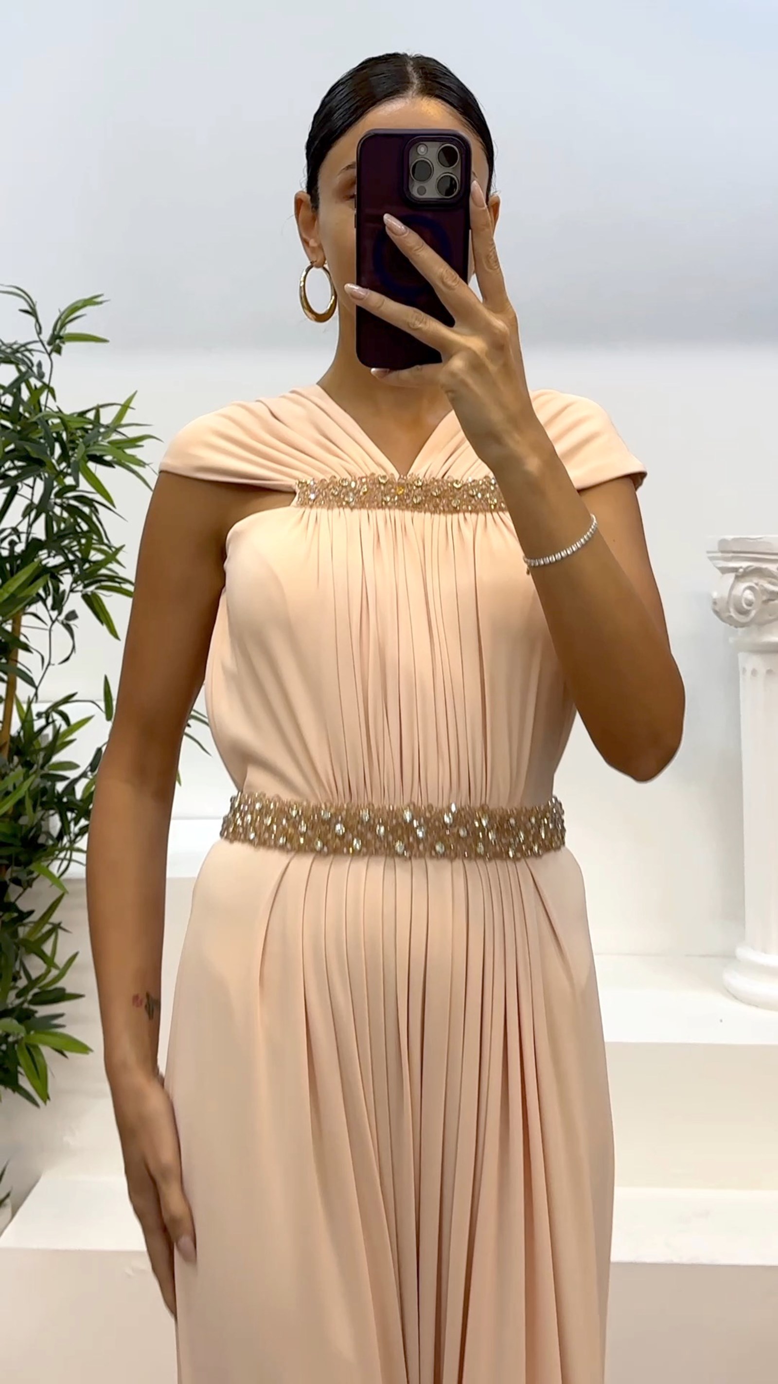 Waist and Neck Embroidery Detail Evening Dress