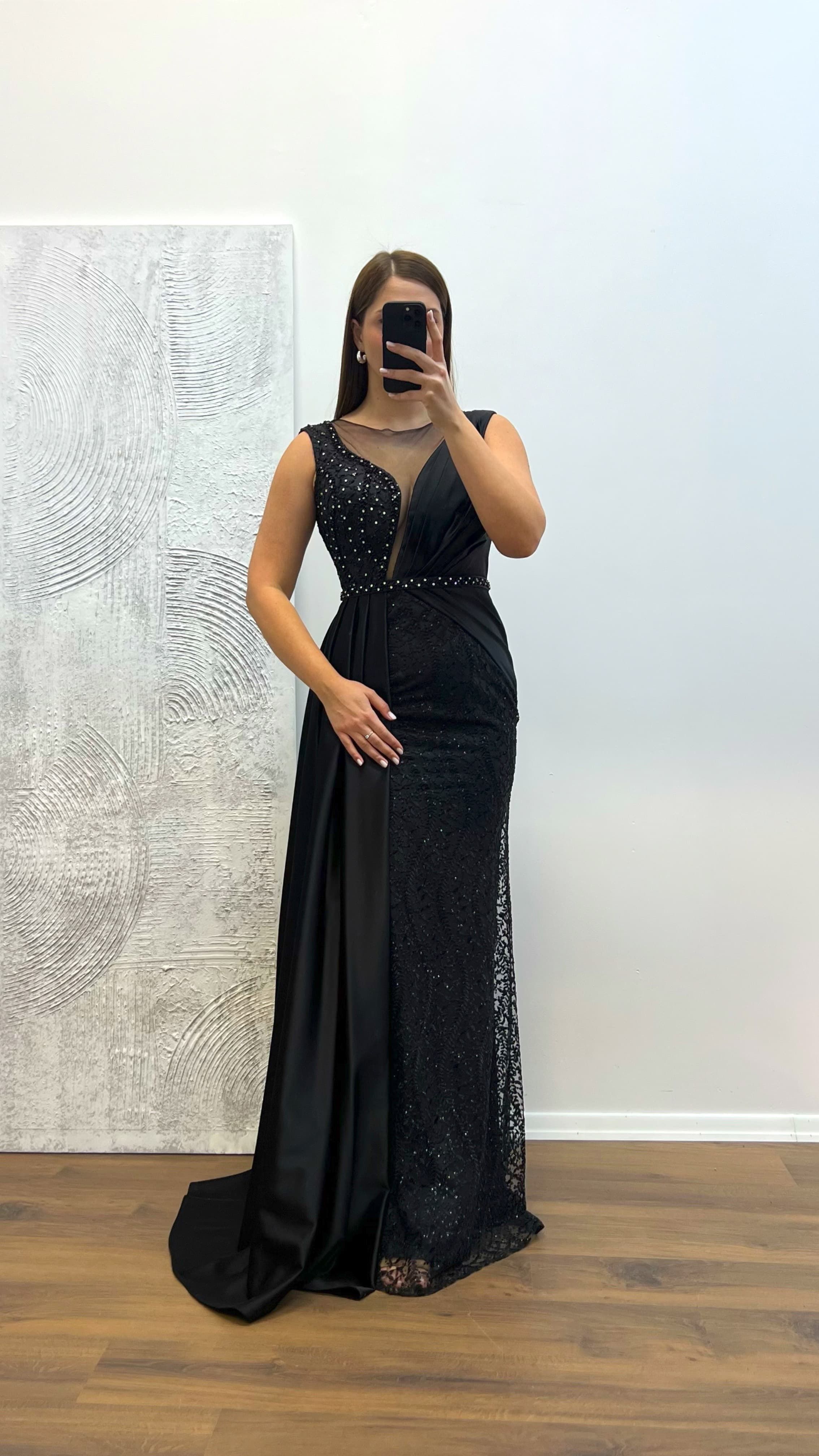 Black Embroidered Draped Satin Plus Size Evening Dress