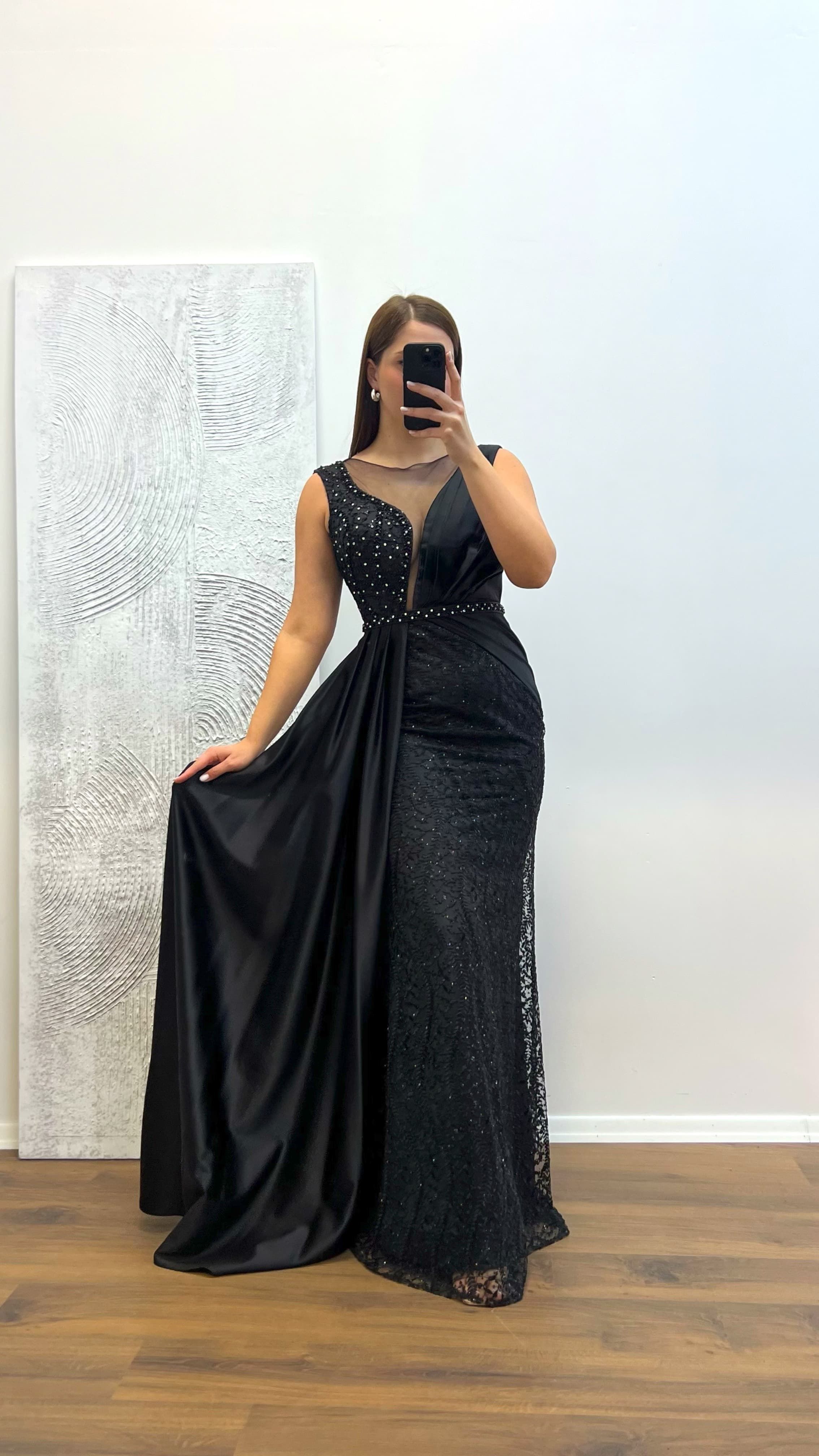 Black Embroidered Draped Satin Plus Size Evening Dress