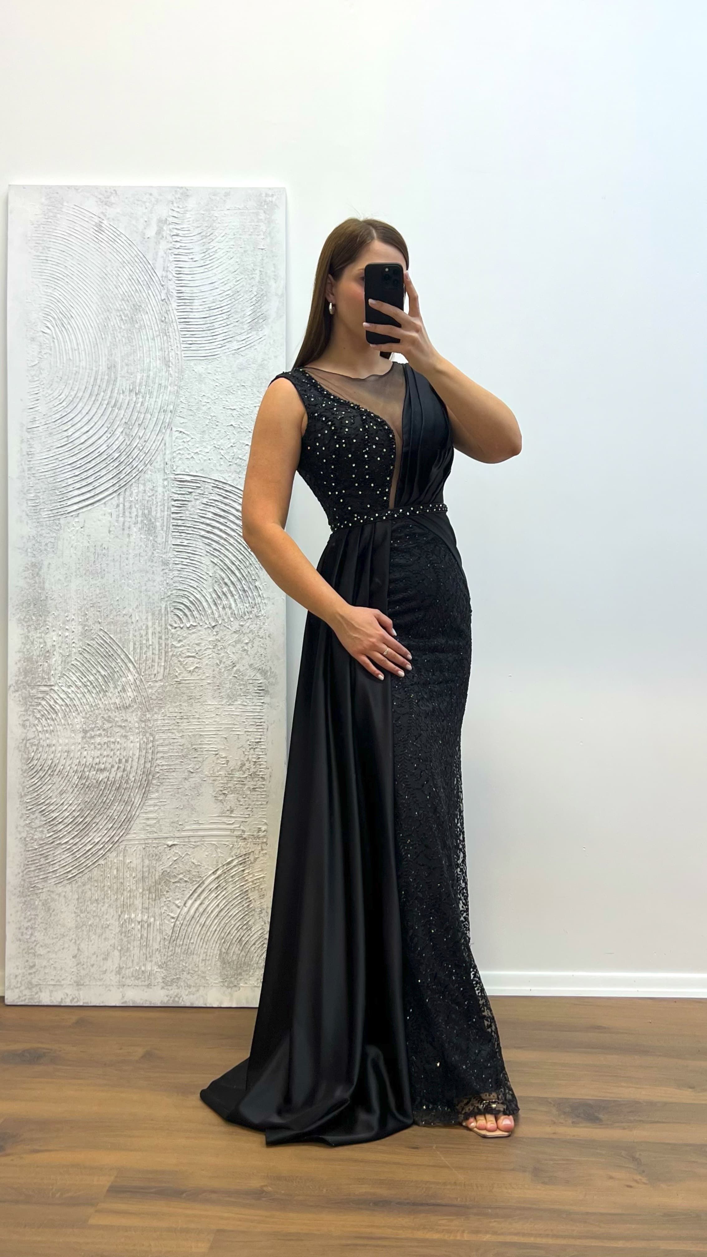 Black Embroidered Draped Satin Plus Size Evening Dress