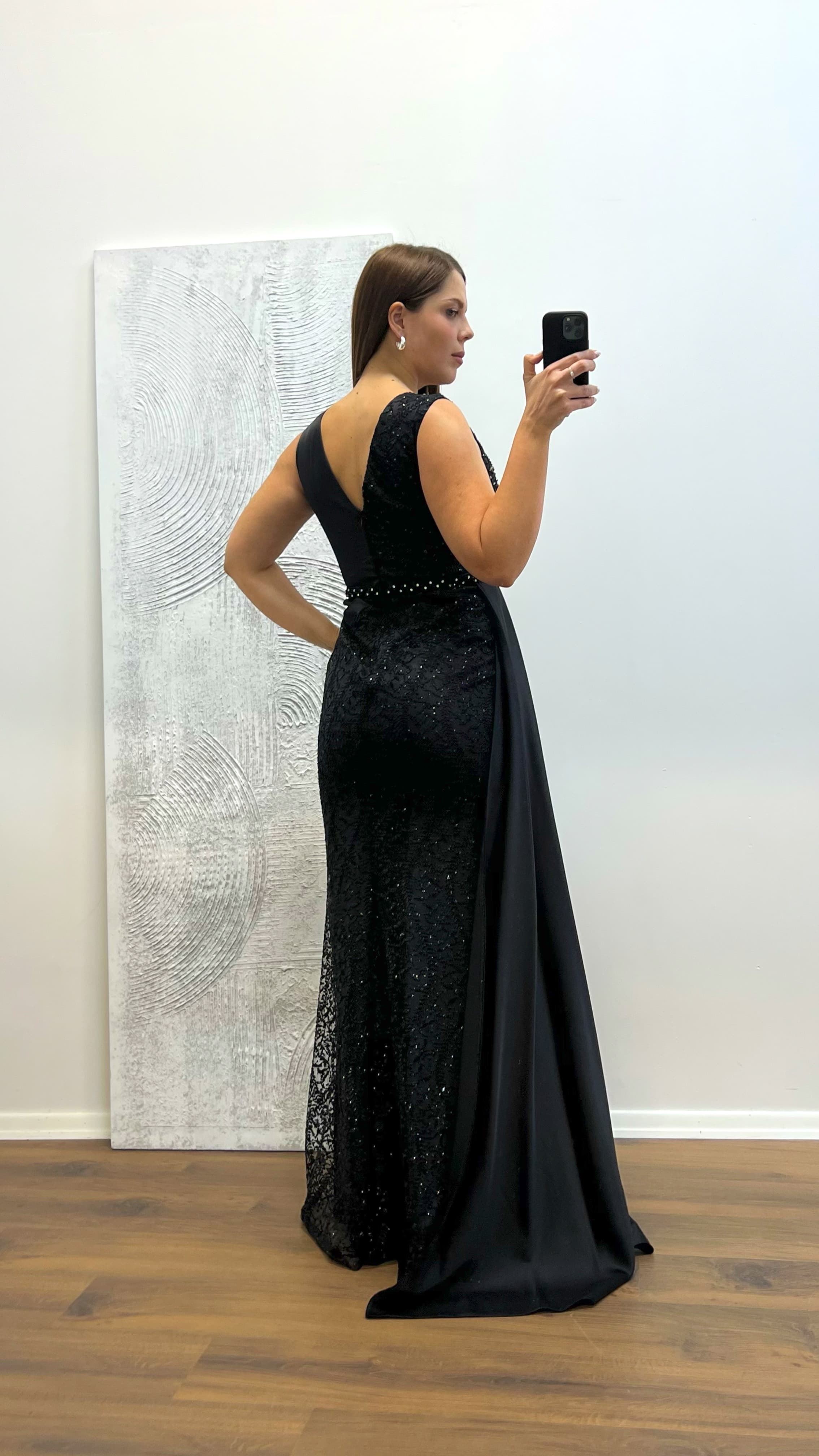 Black Embroidered Draped Satin Plus Size Evening Dress