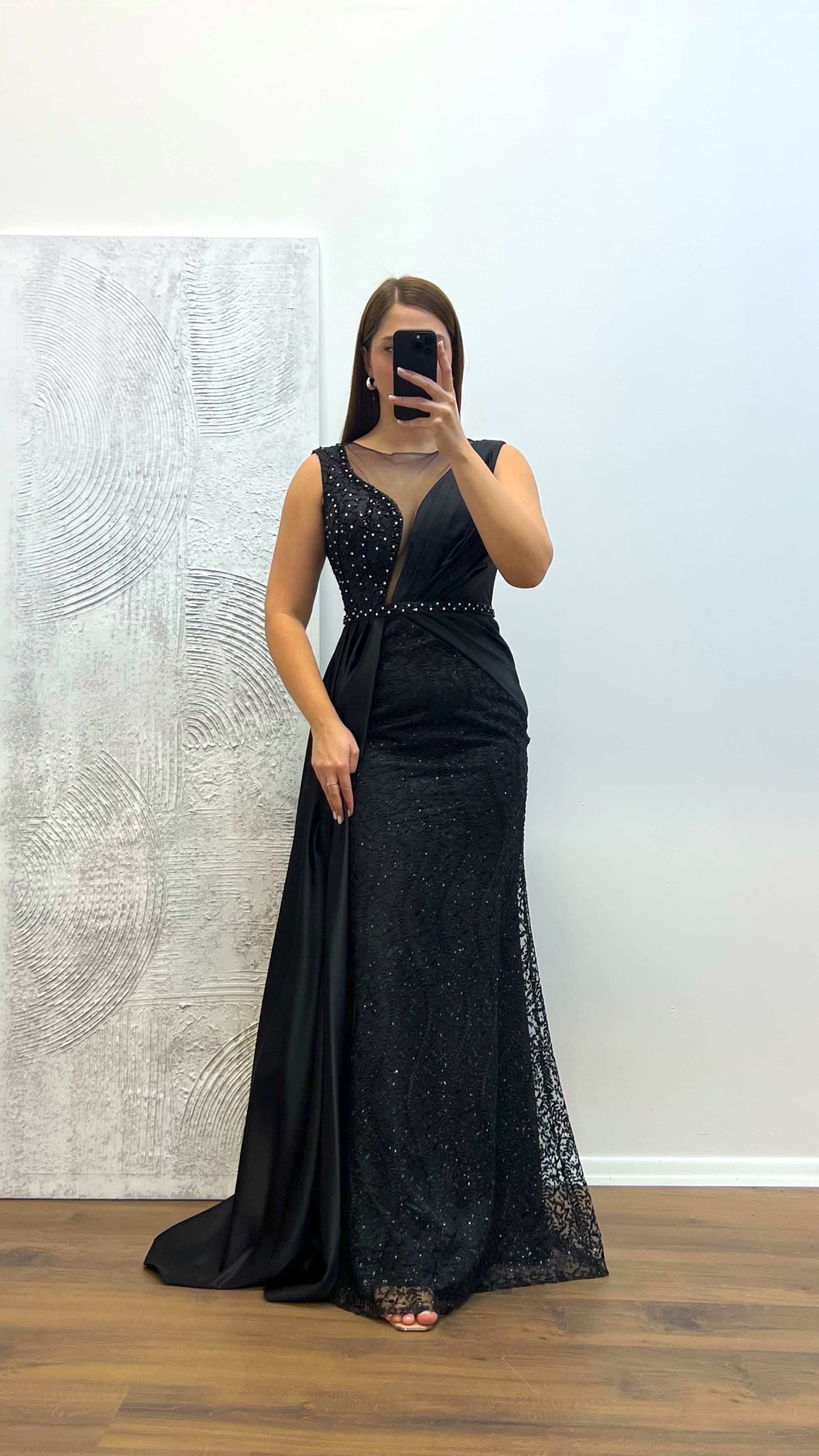 Black Embroidered Draped Satin Plus Size Evening Dress