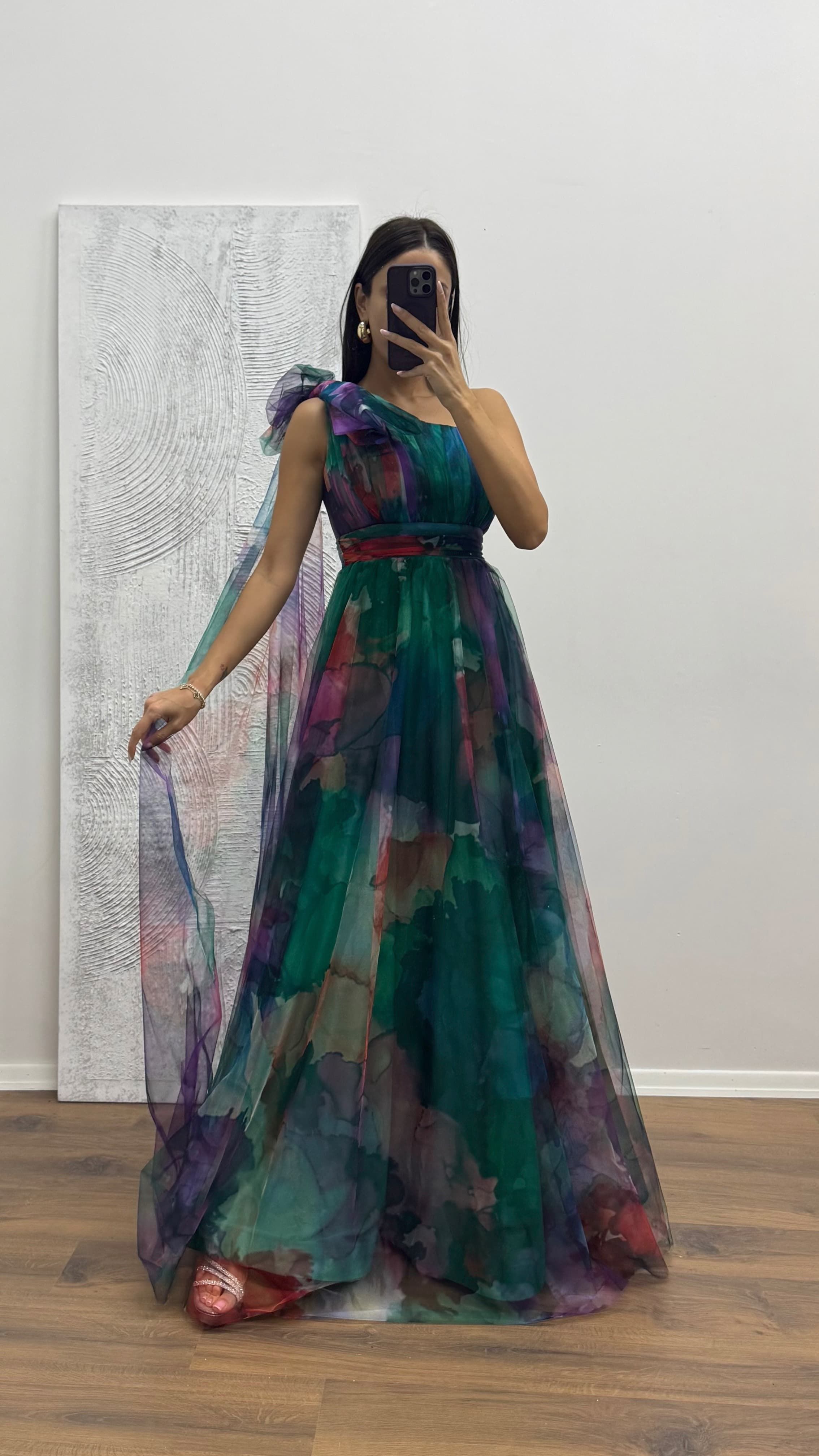 One Shoulder Tulle Evening Dress