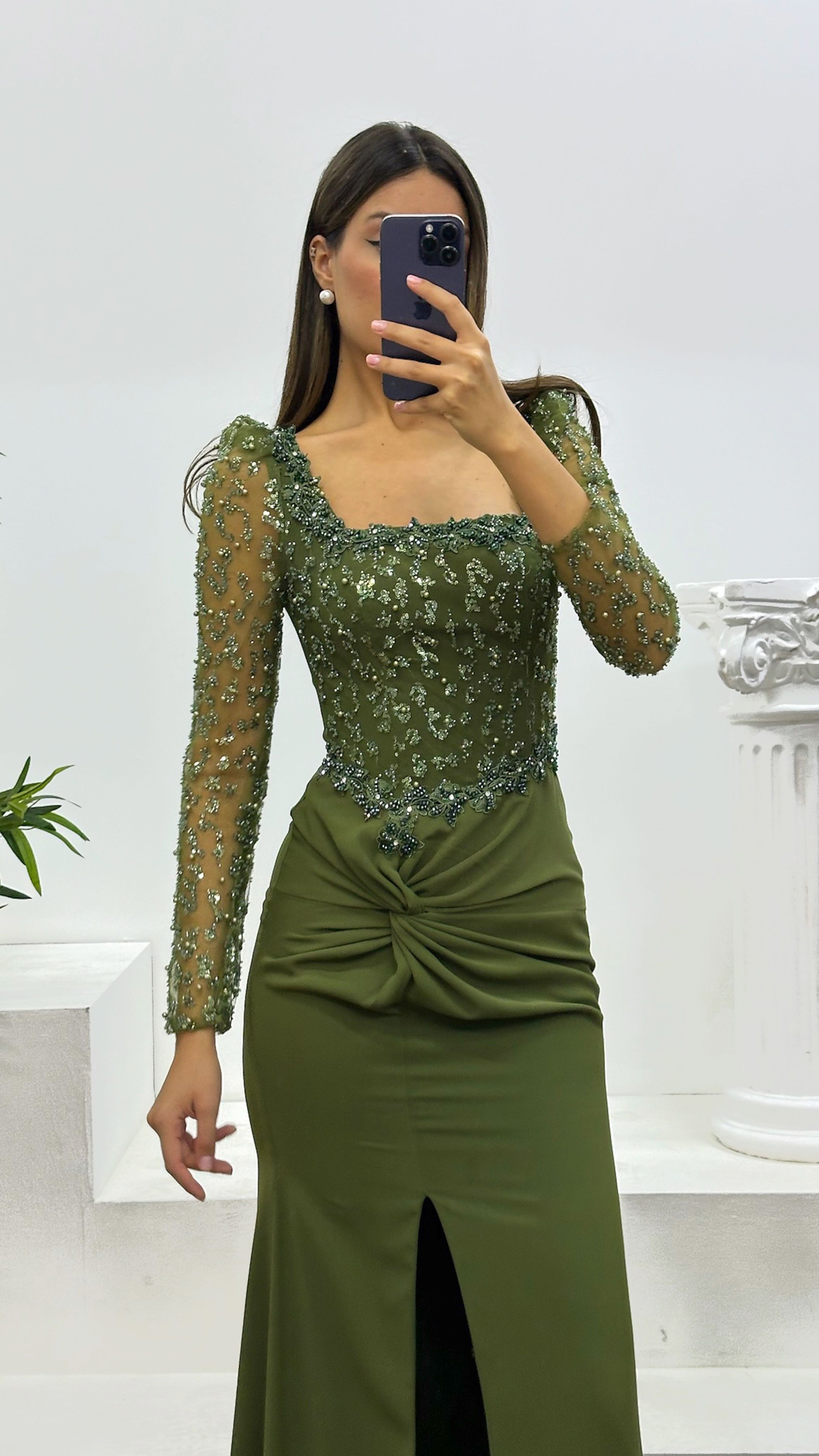 Square Neck Embroidered Evening Dress