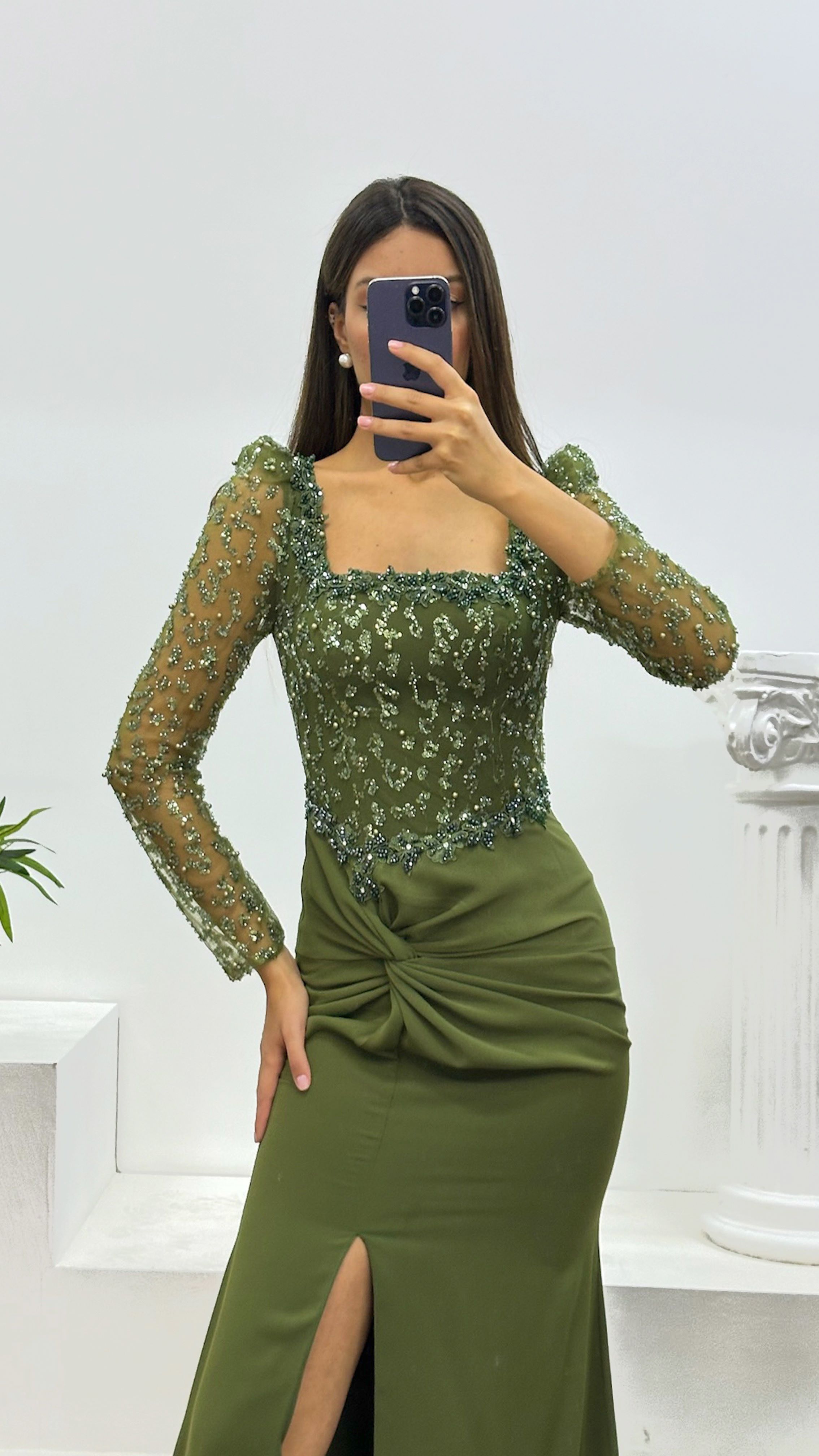 Square Neck Embroidered Evening Dress