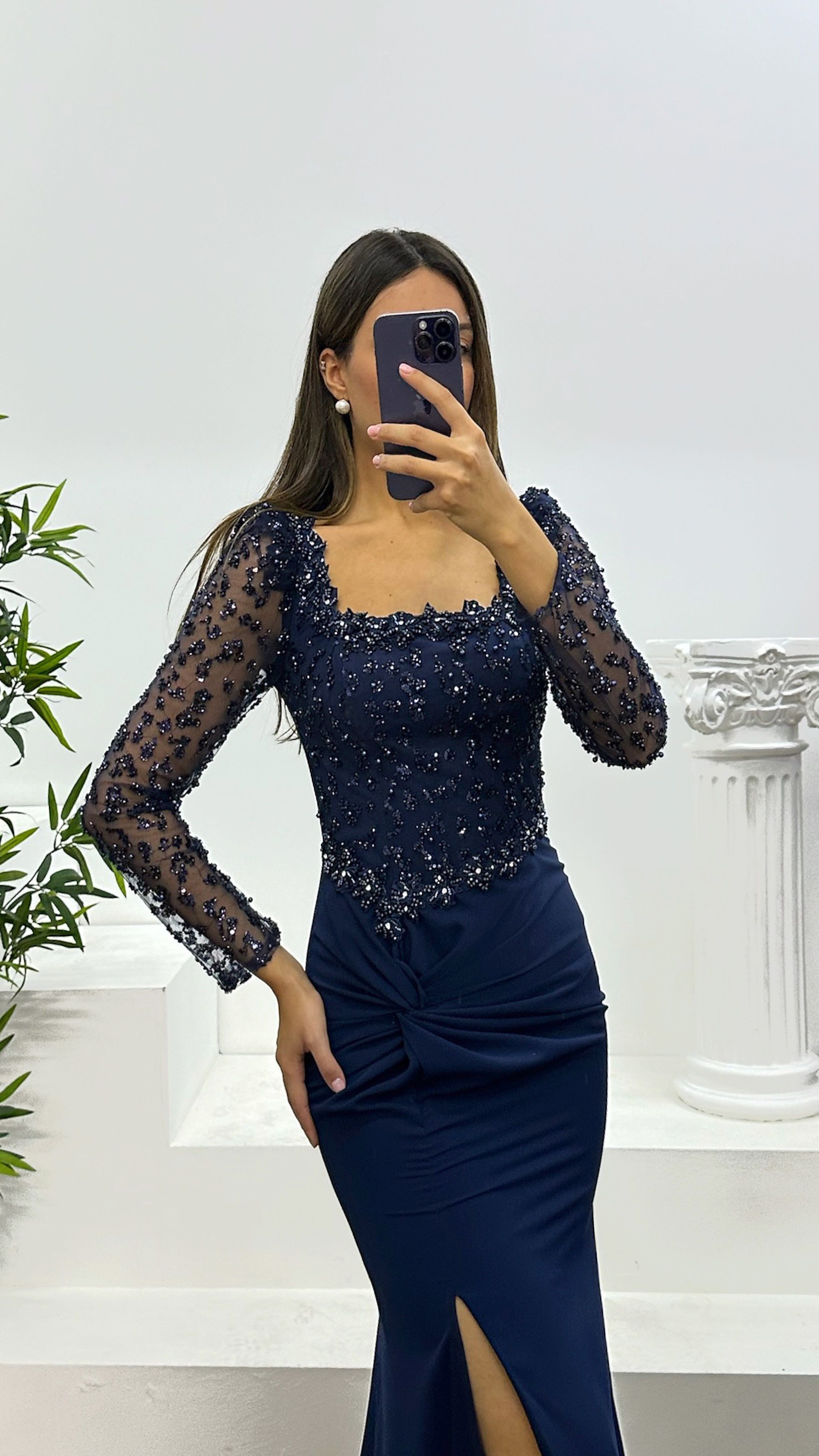 Square Neck Embroidered Evening Dress