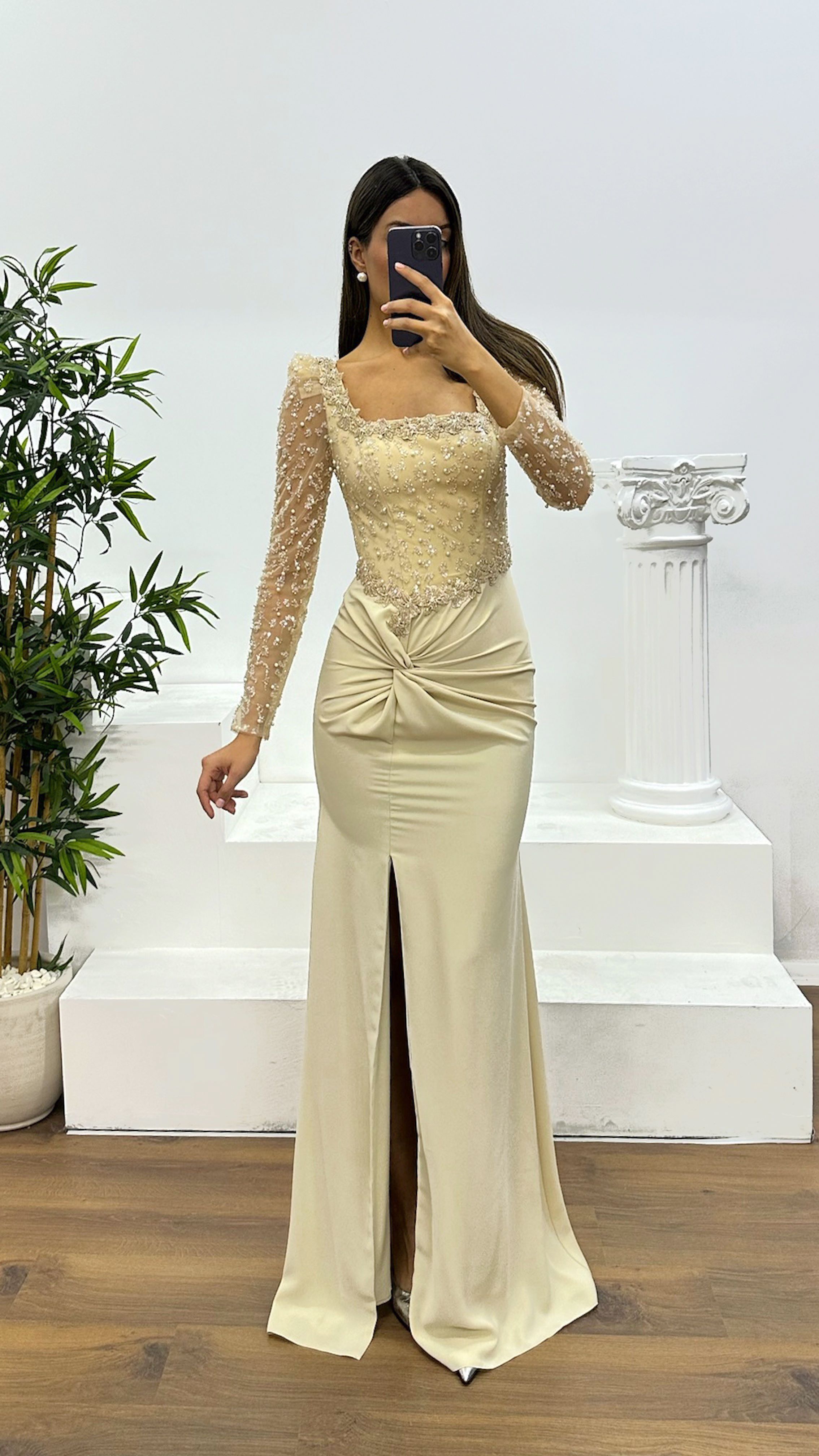 Square Neck Embroidered Evening Dress