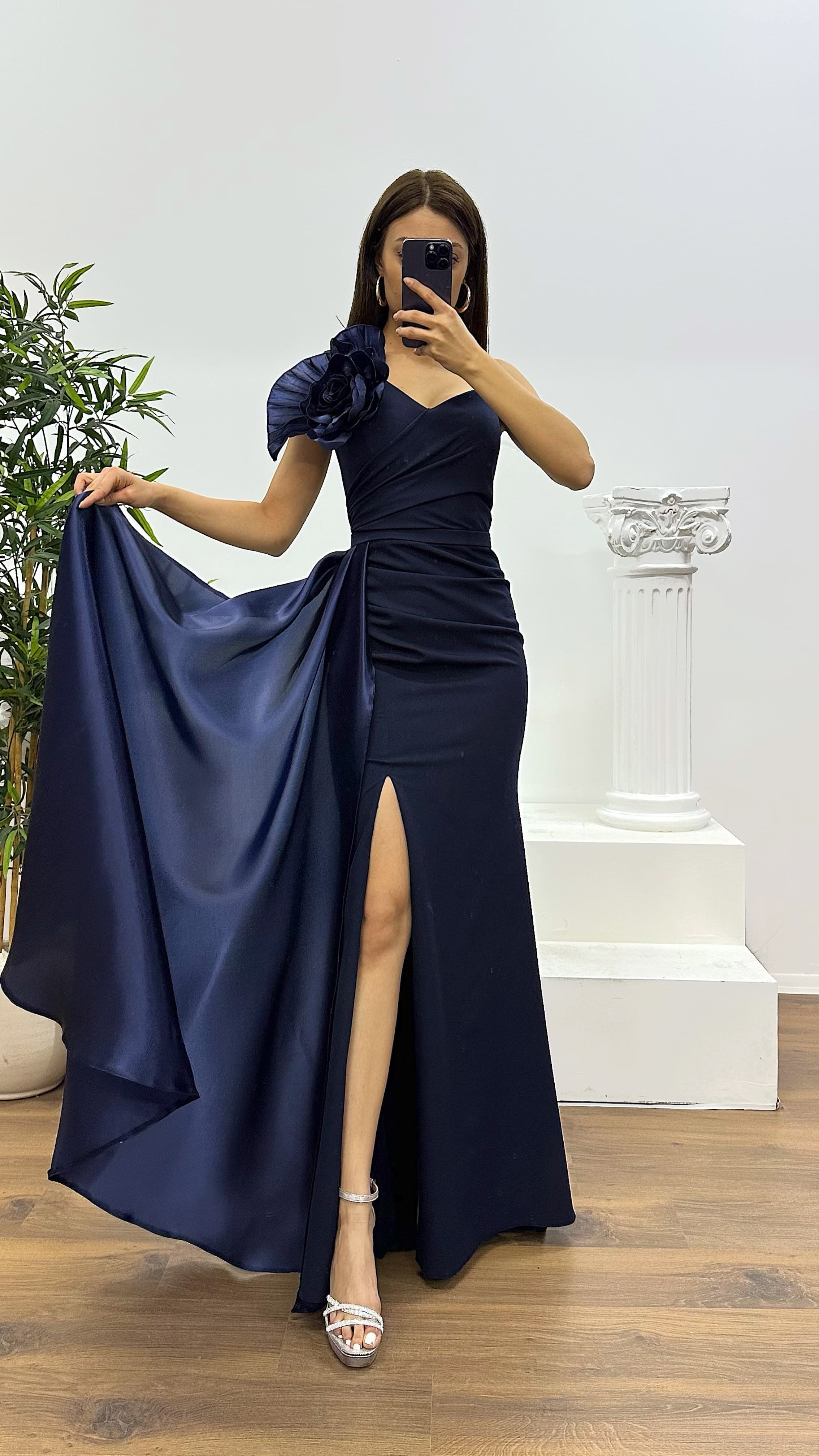 One Shoulder Flower Detail Evening Dress