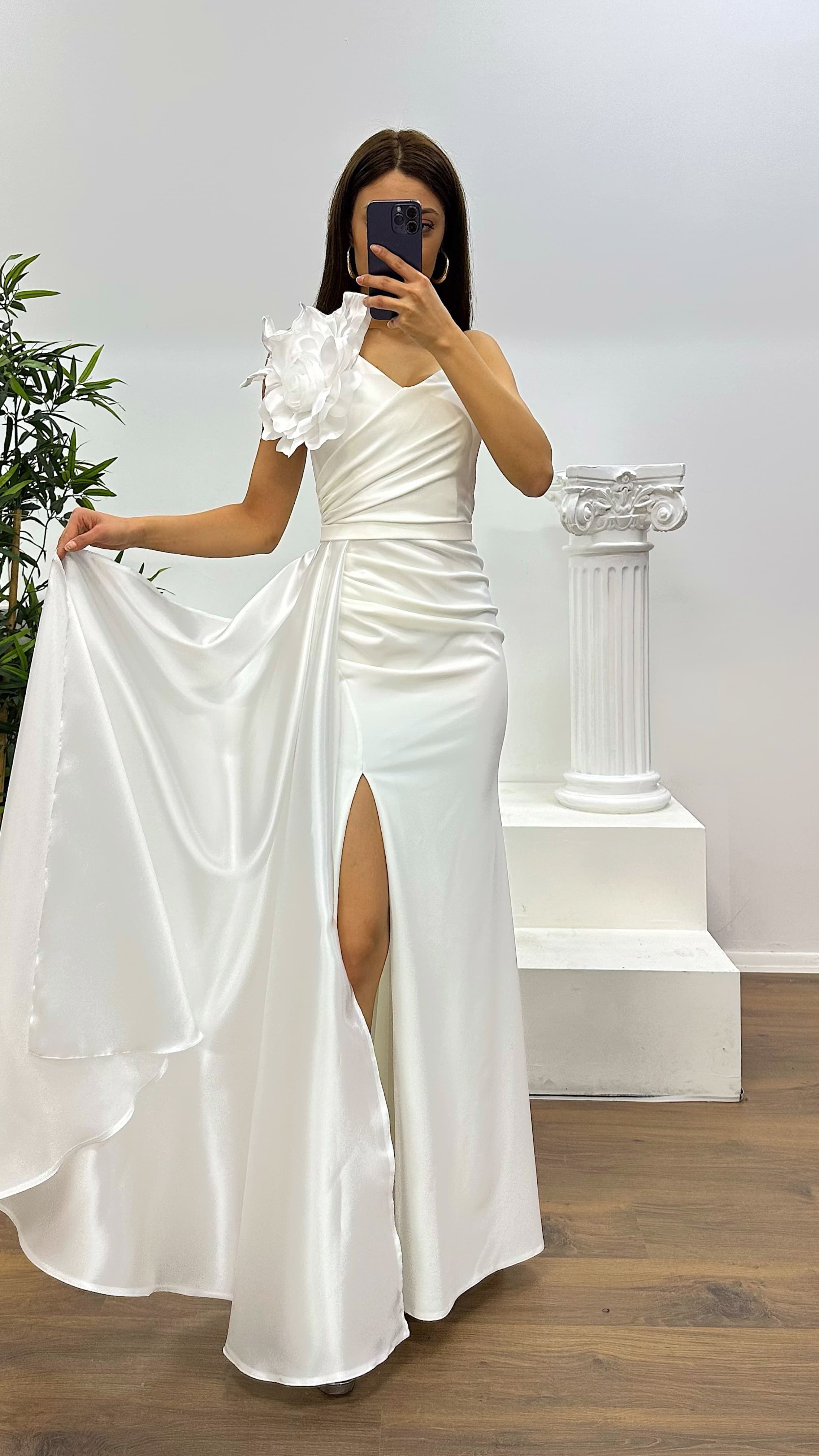 One Shoulder Flower Detail Evening Dress