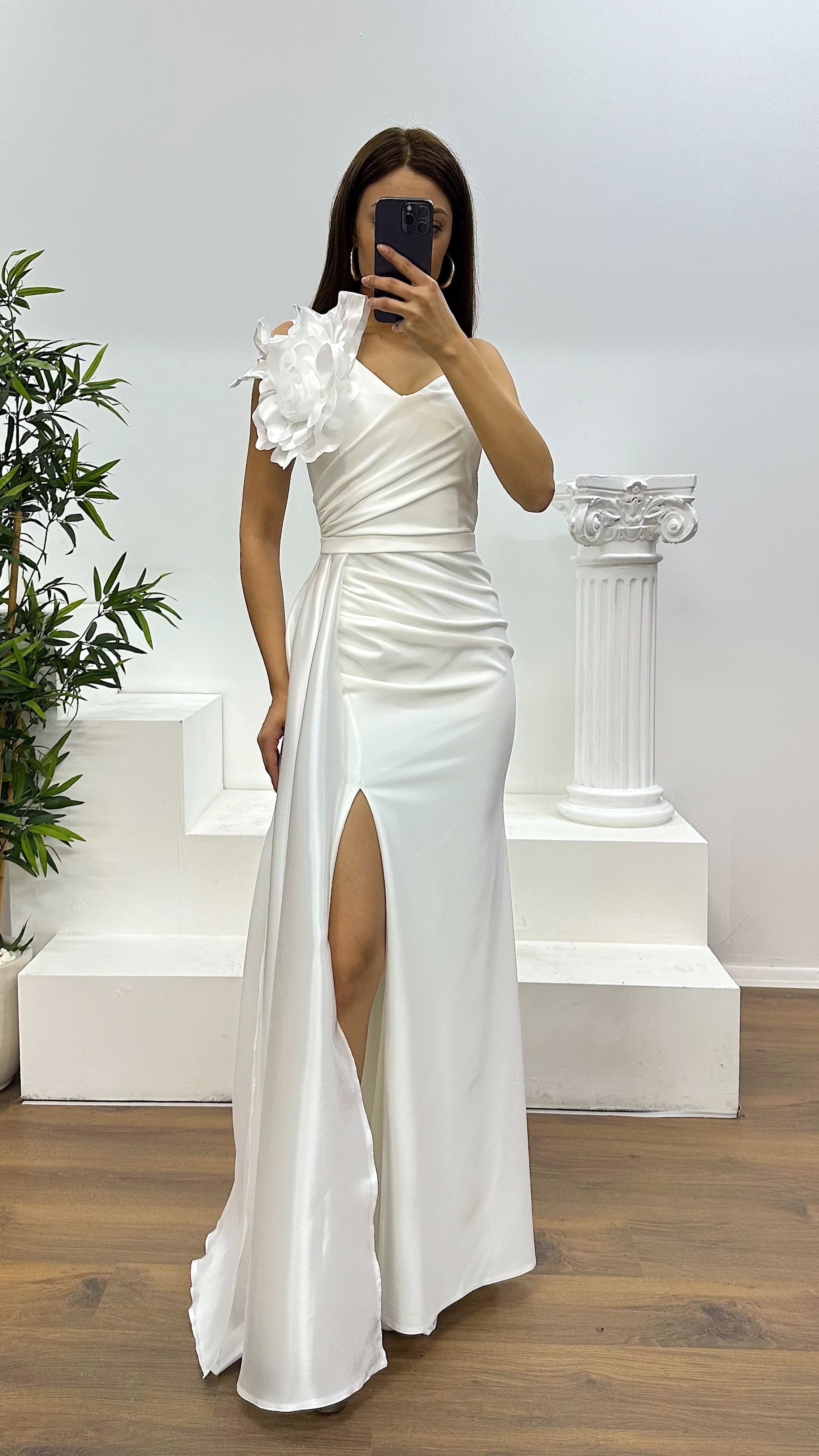 One Shoulder Flower Detail Evening Dress