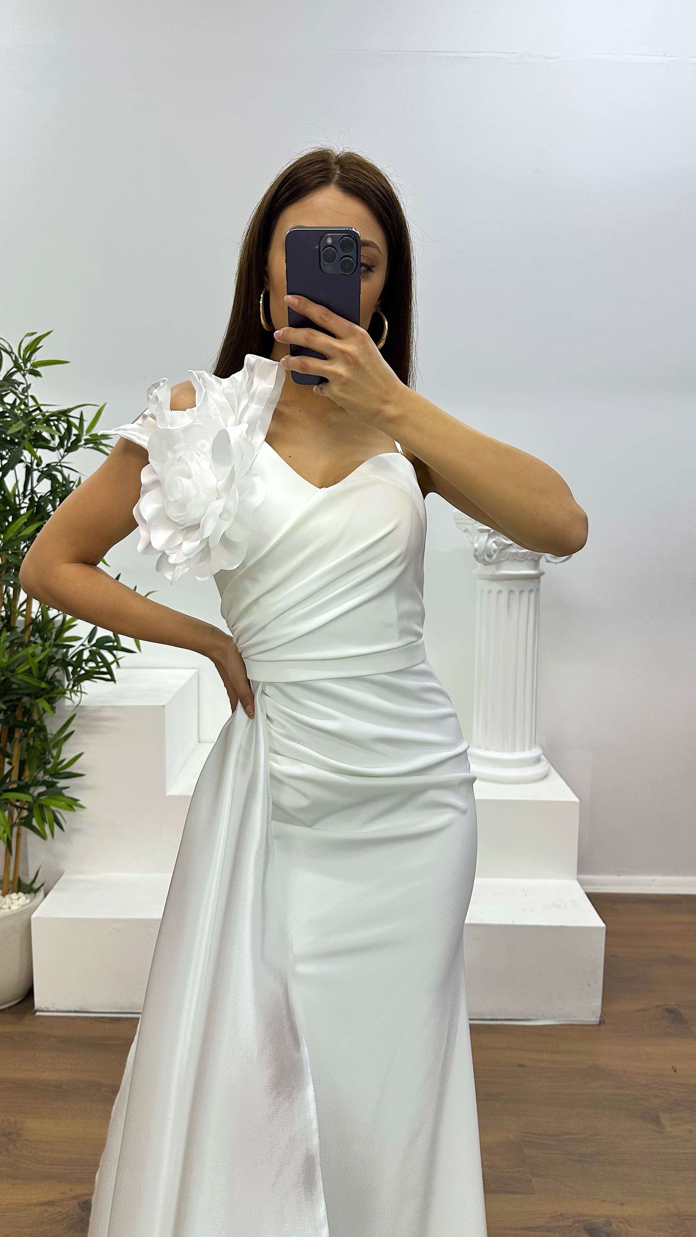 One Shoulder Flower Detail Evening Dress