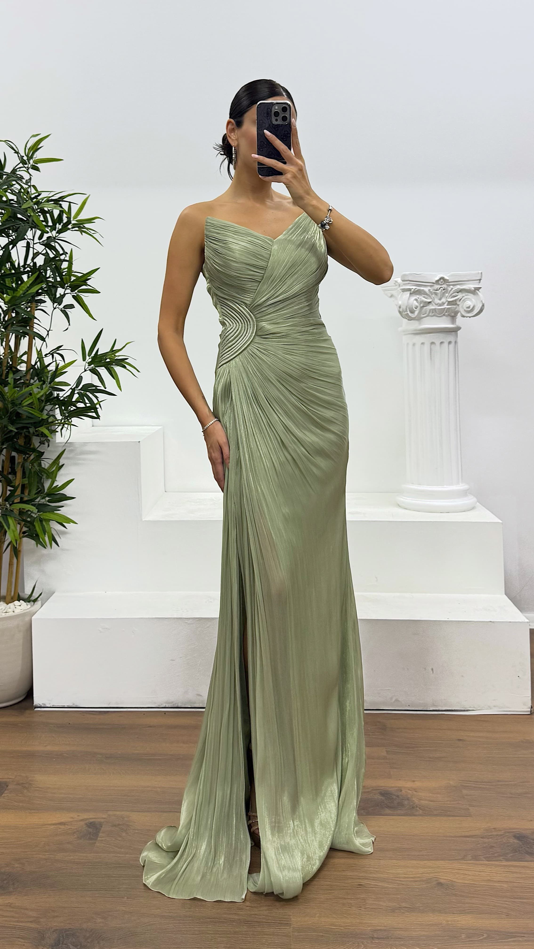Khaki Strapless Chiffon Evening Dress