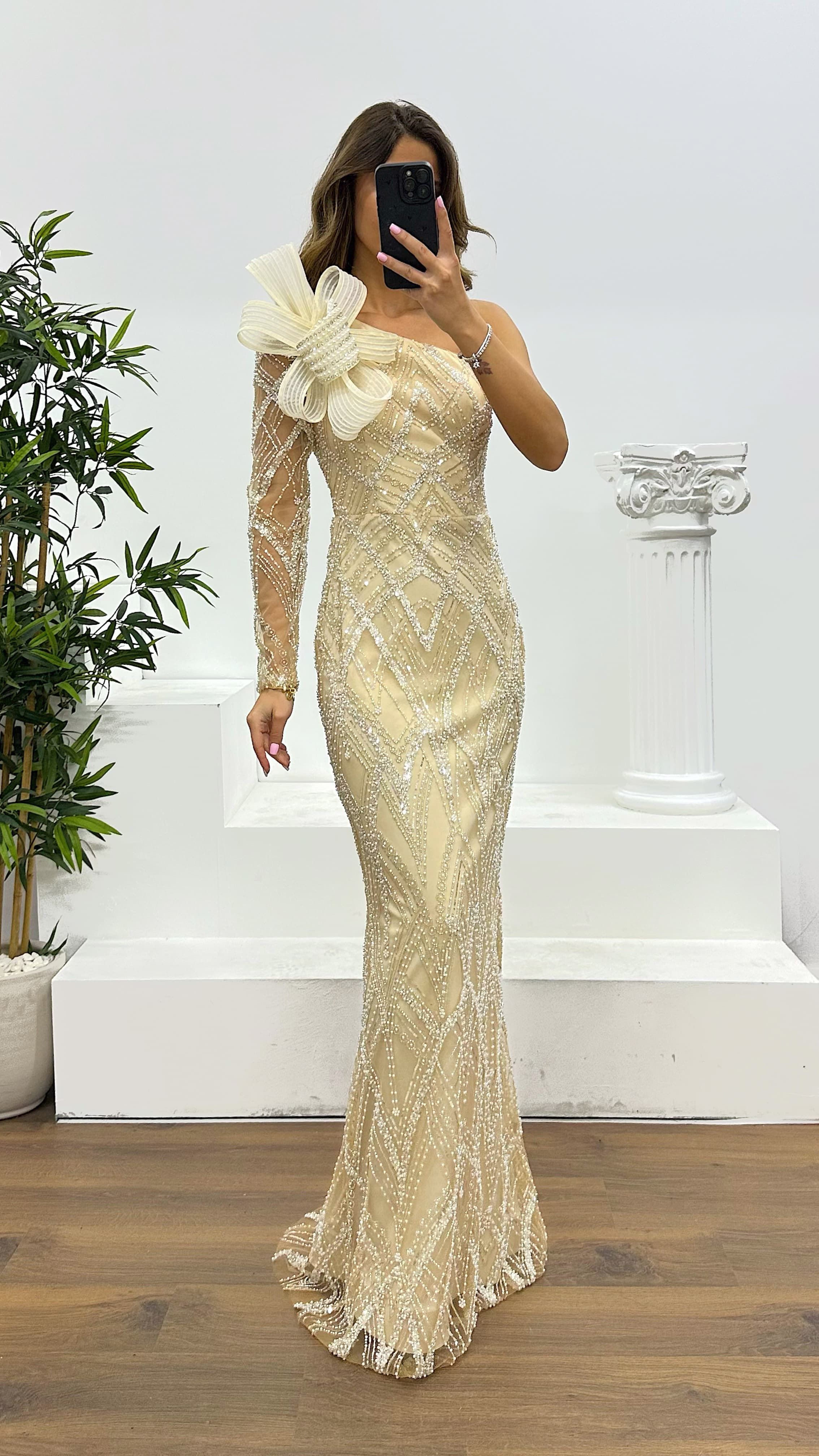 Single Sleeve Embroidered Evening Dress