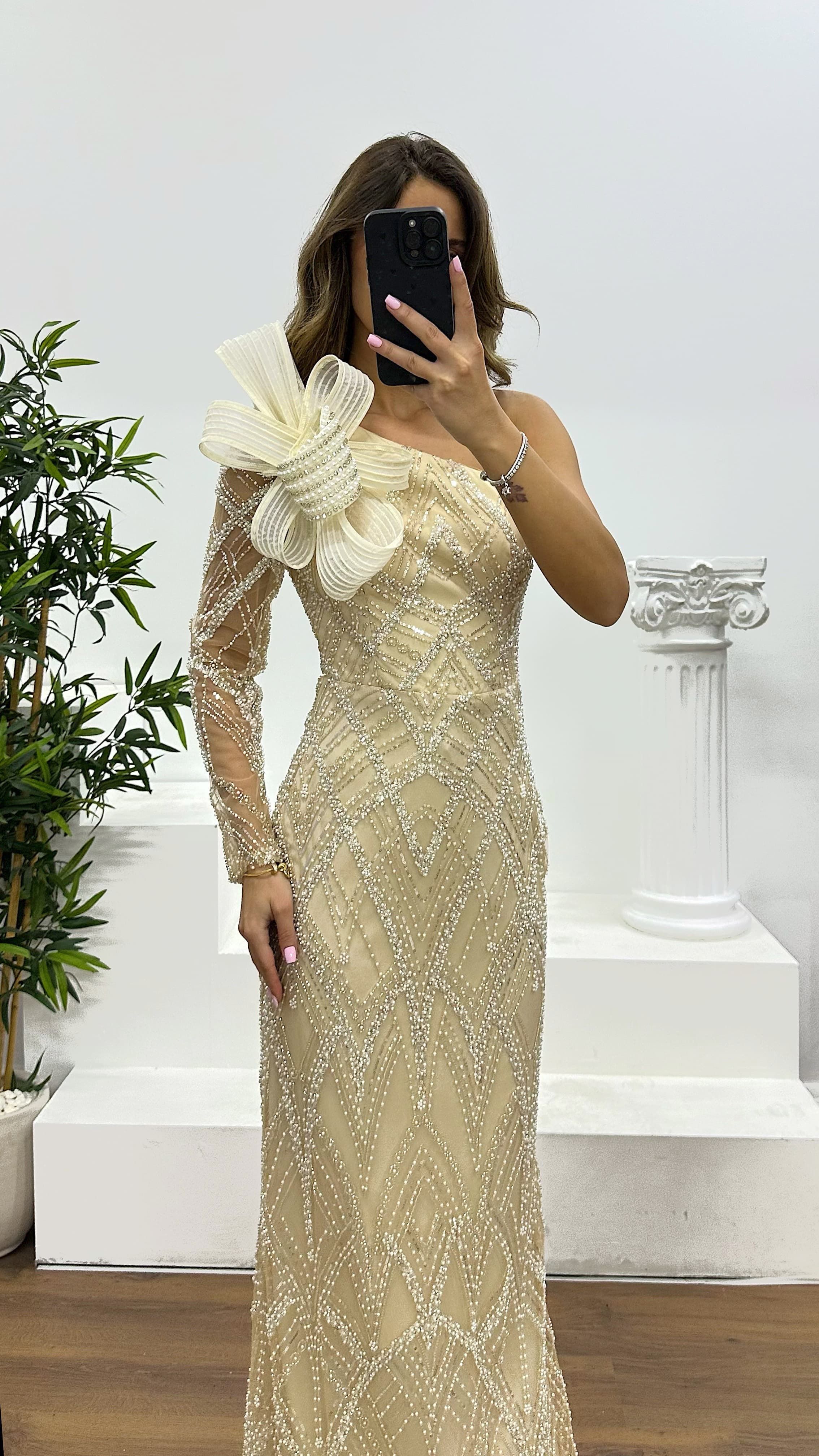 Single Sleeve Embroidered Evening Dress