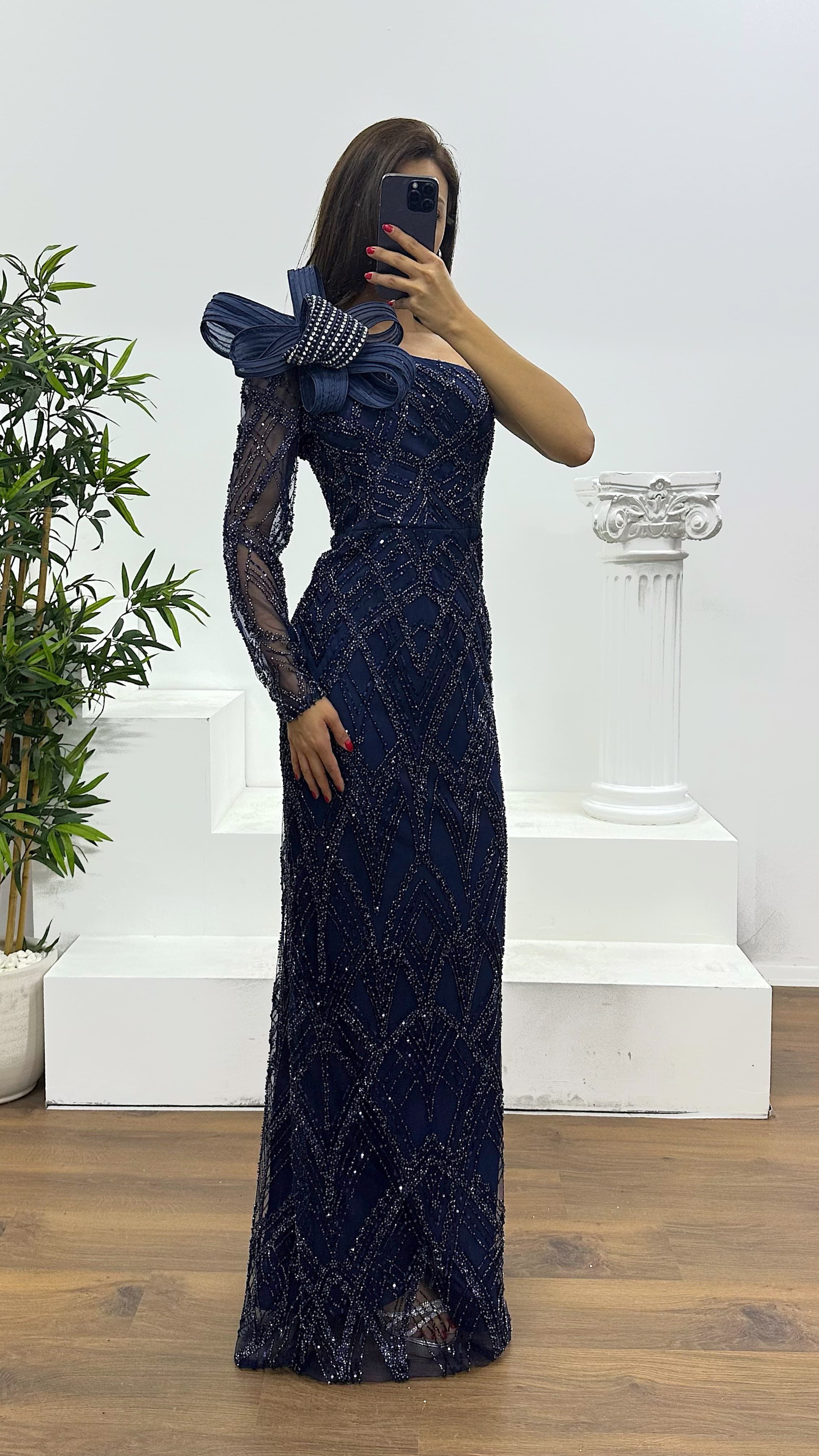 Single Sleeve Embroidered Evening Dress