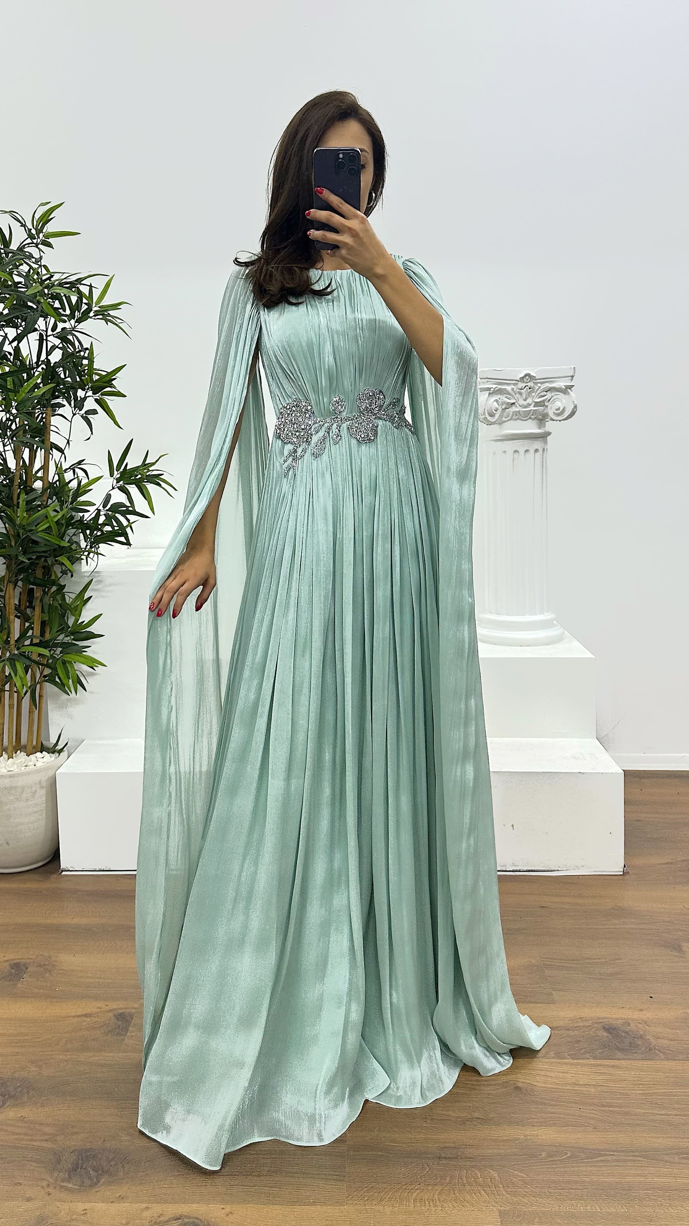 Mint Waist Detail Evening Dress