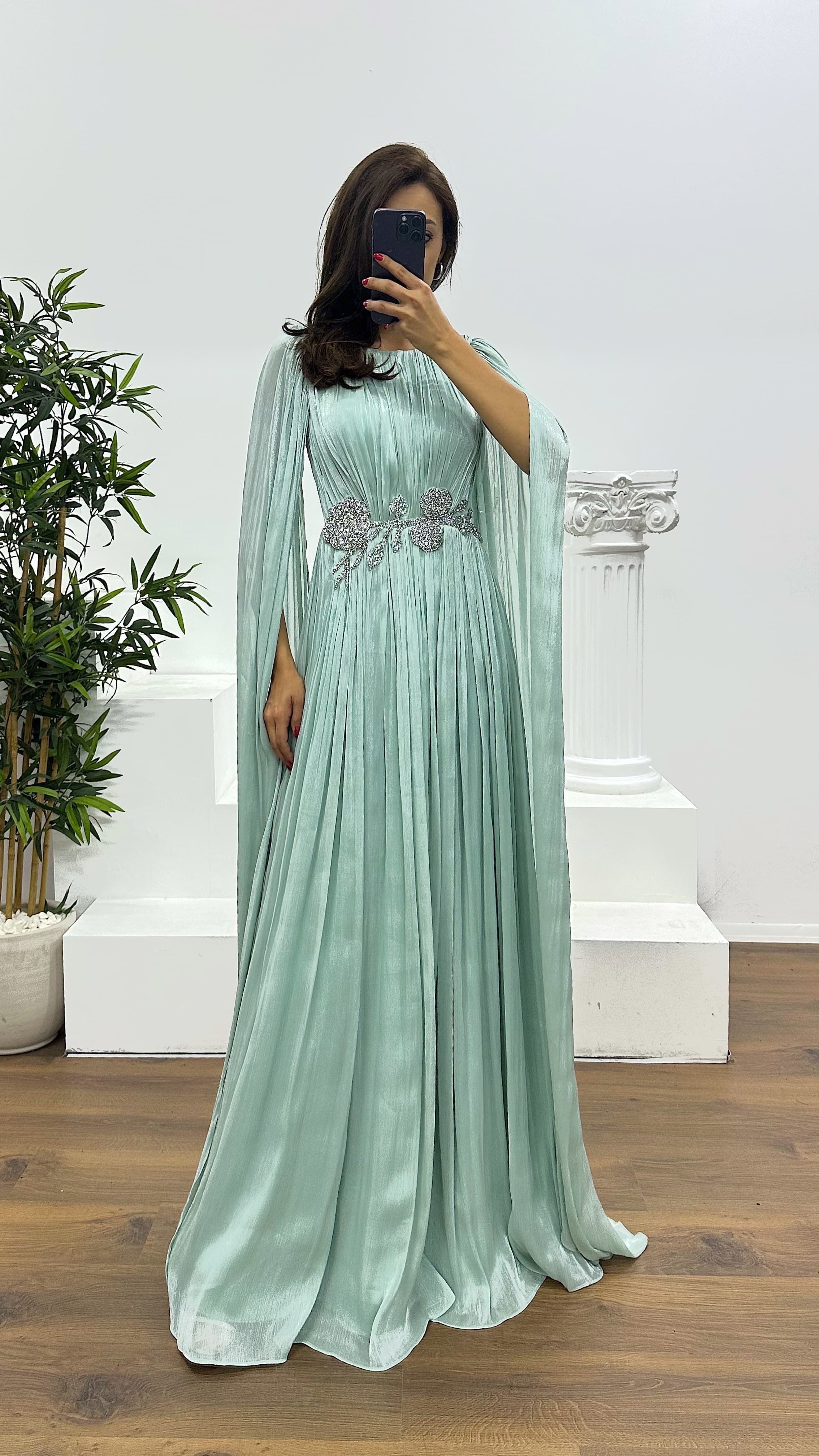 Mint Waist Detail Evening Dress
