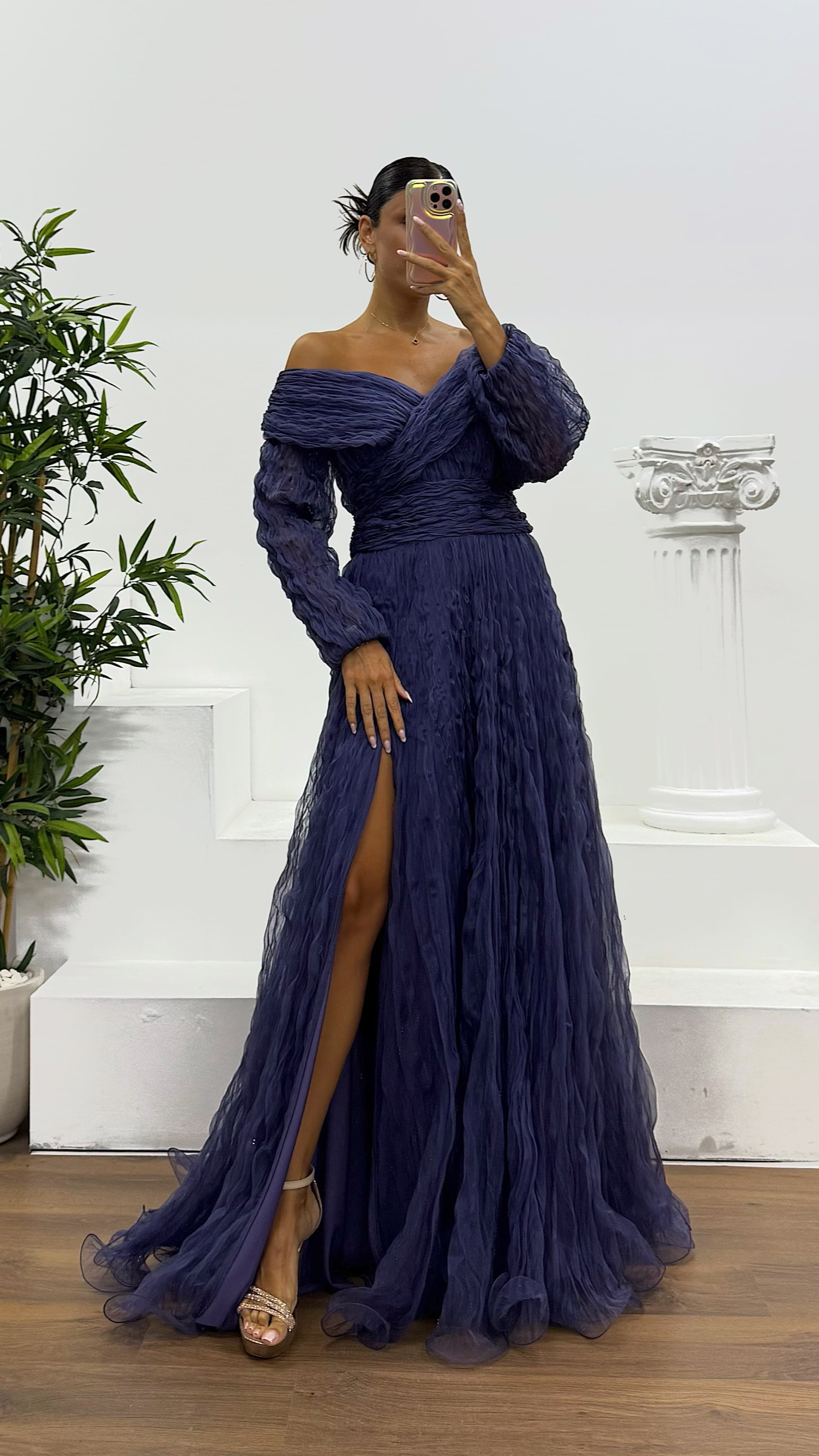 Boat Neck Crepe Evening Dress