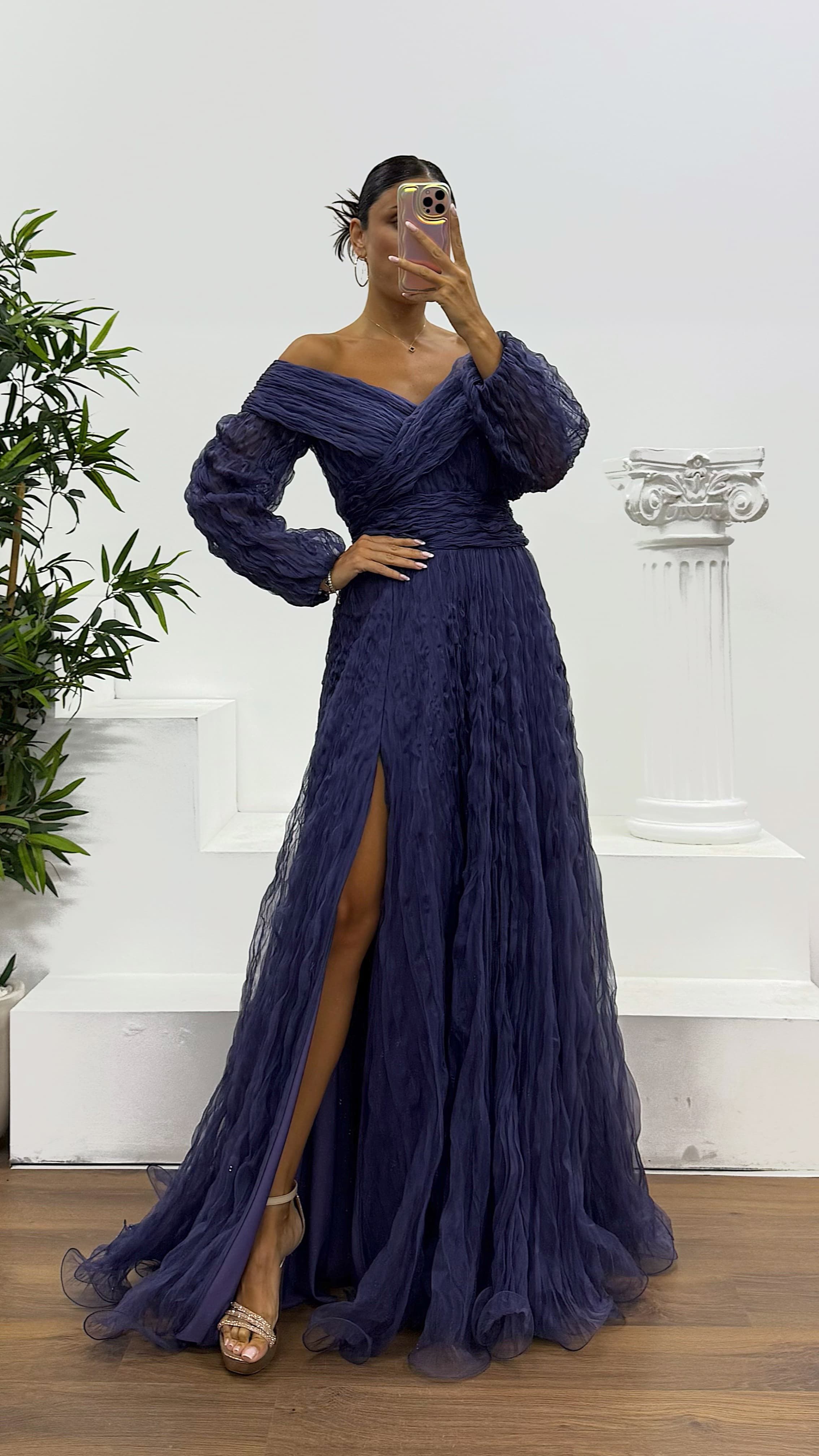 Boat Neck Crepe Evening Dress