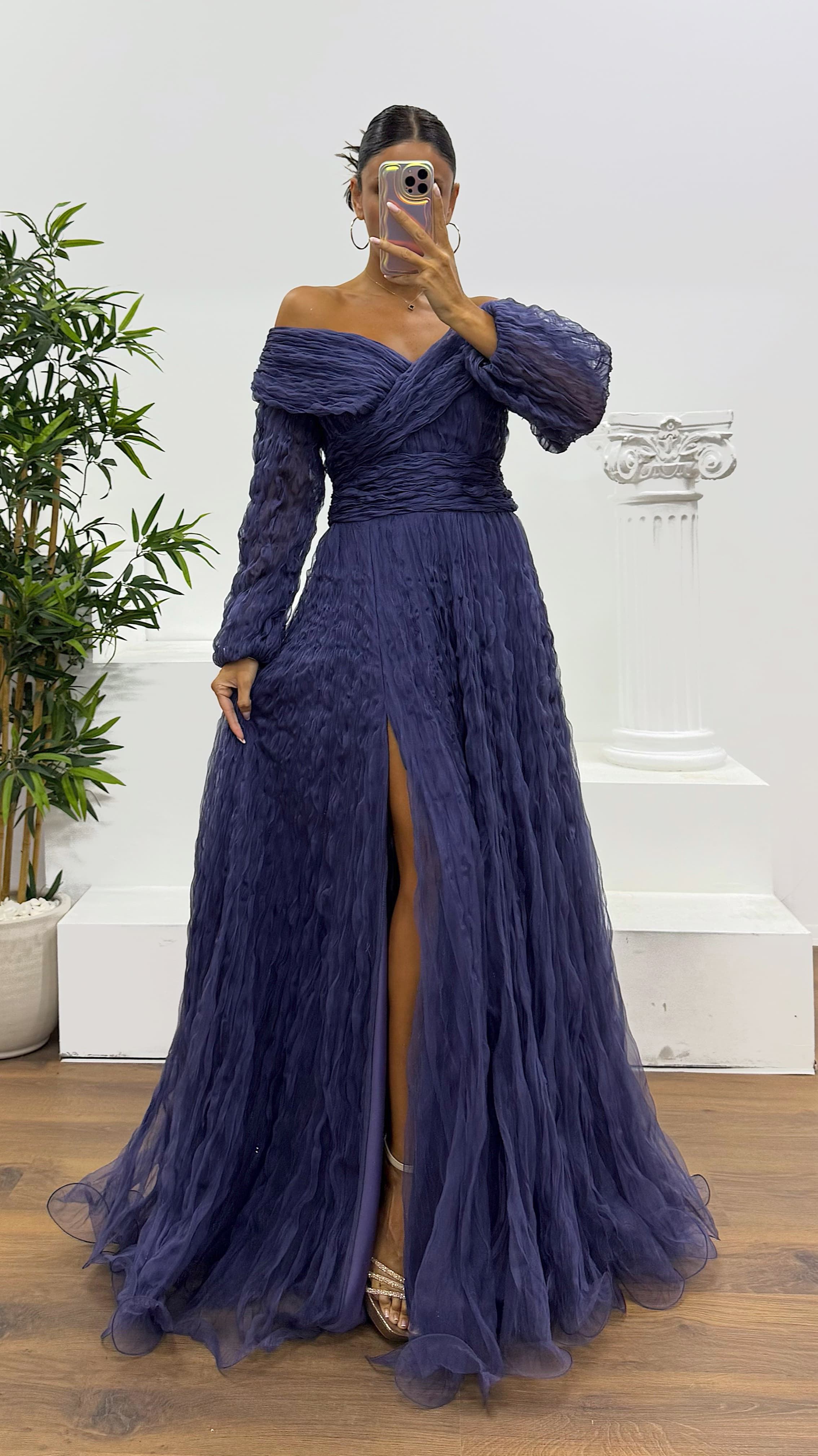 Boat Neck Crepe Evening Dress