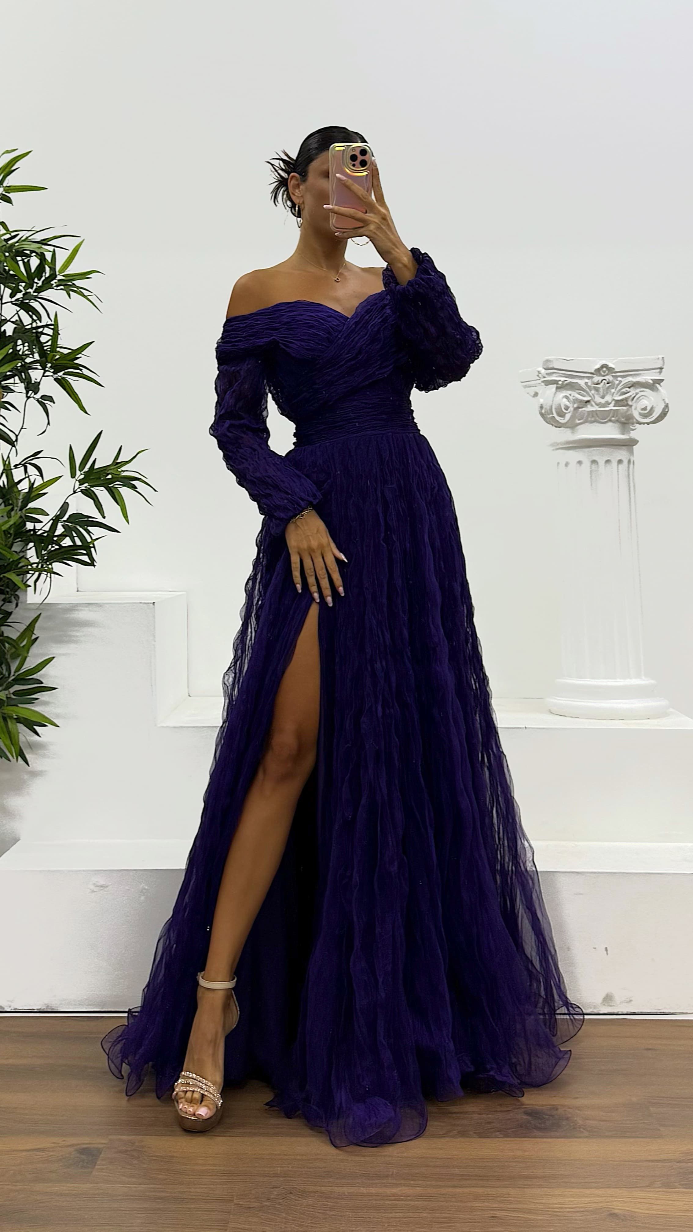 Boat Neck Crepe Evening Dress