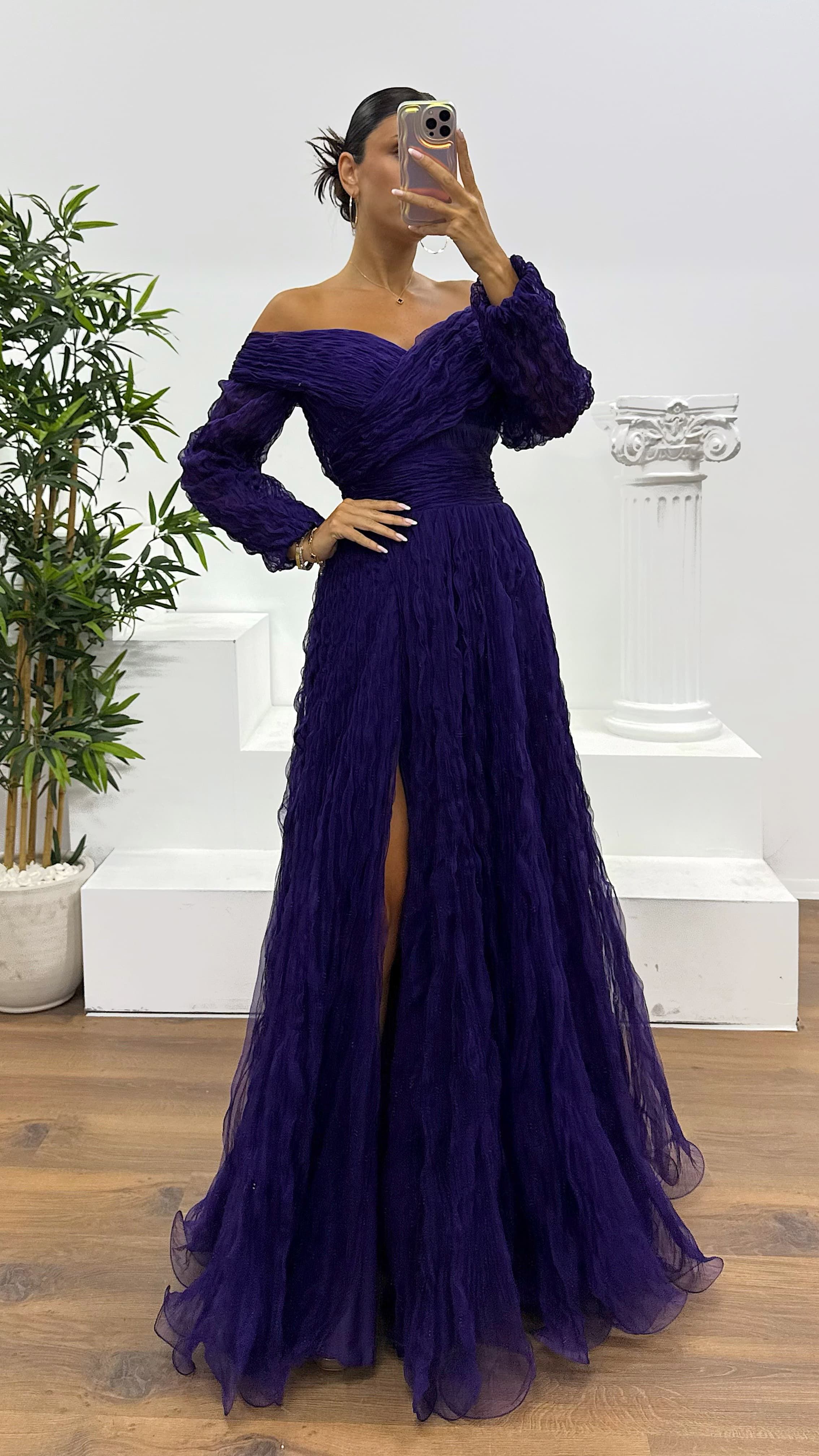 Boat Neck Crepe Evening Dress