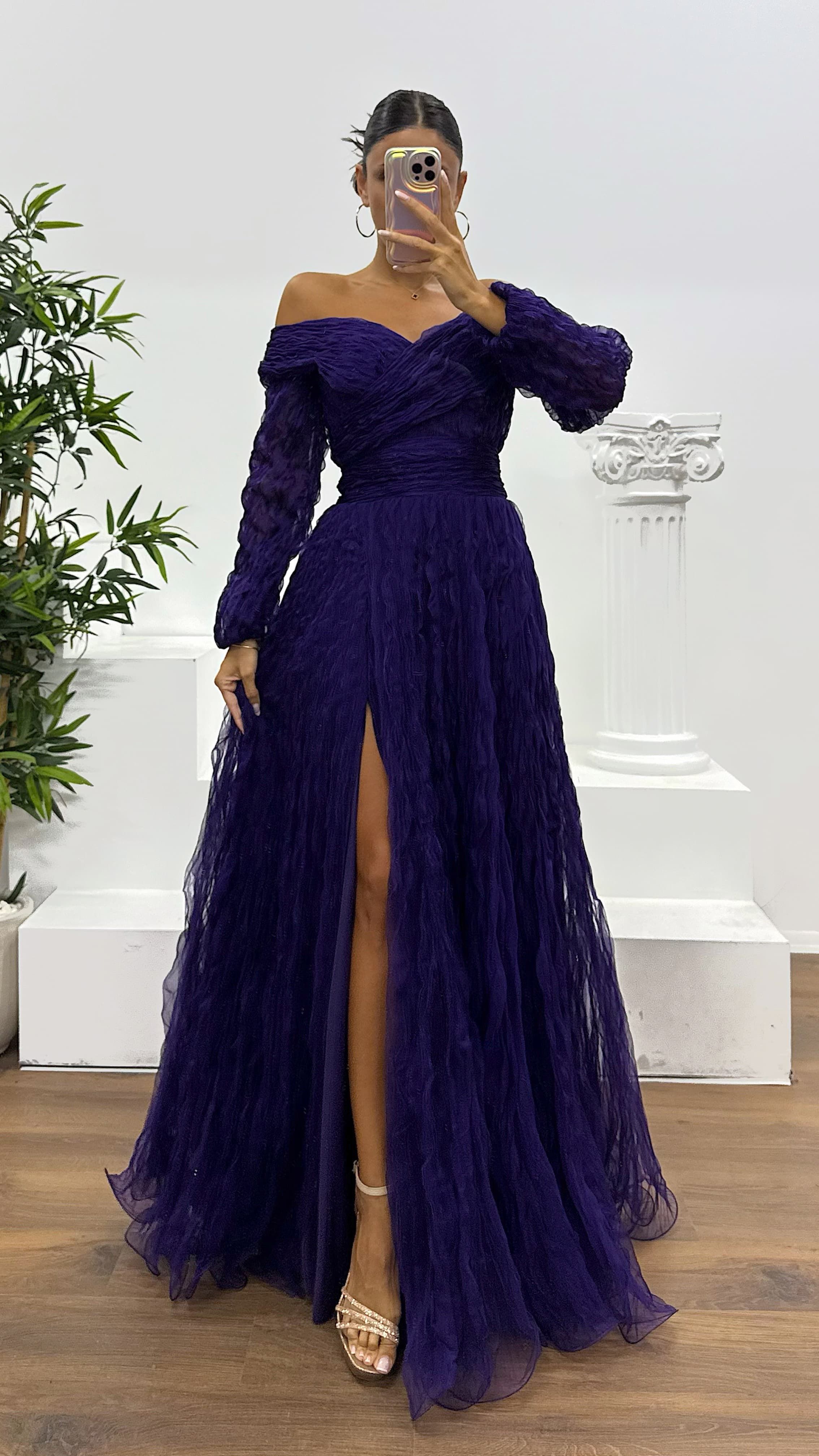 Boat Neck Crepe Evening Dress