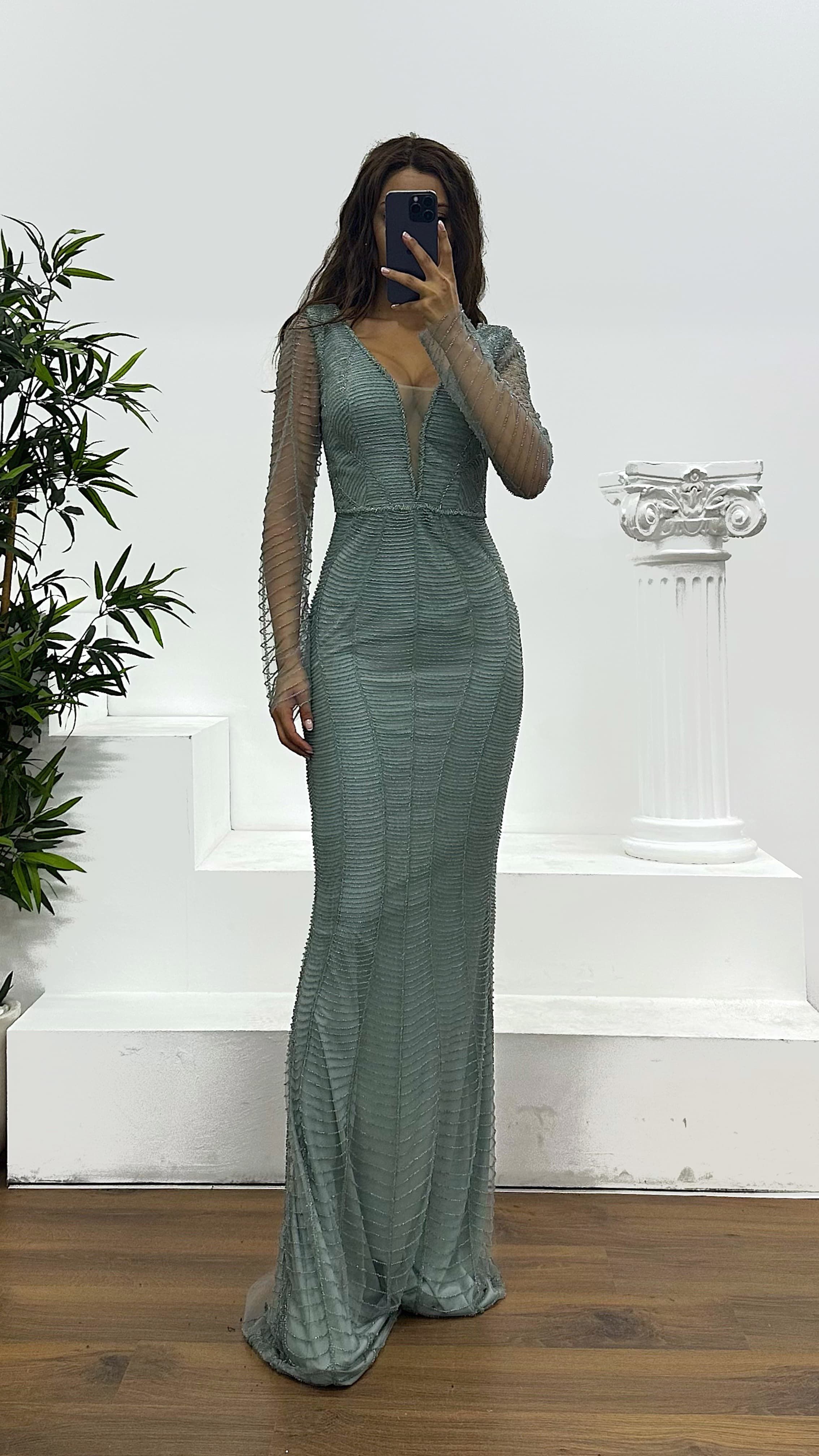 V Neck Embroidered Evening Dress
