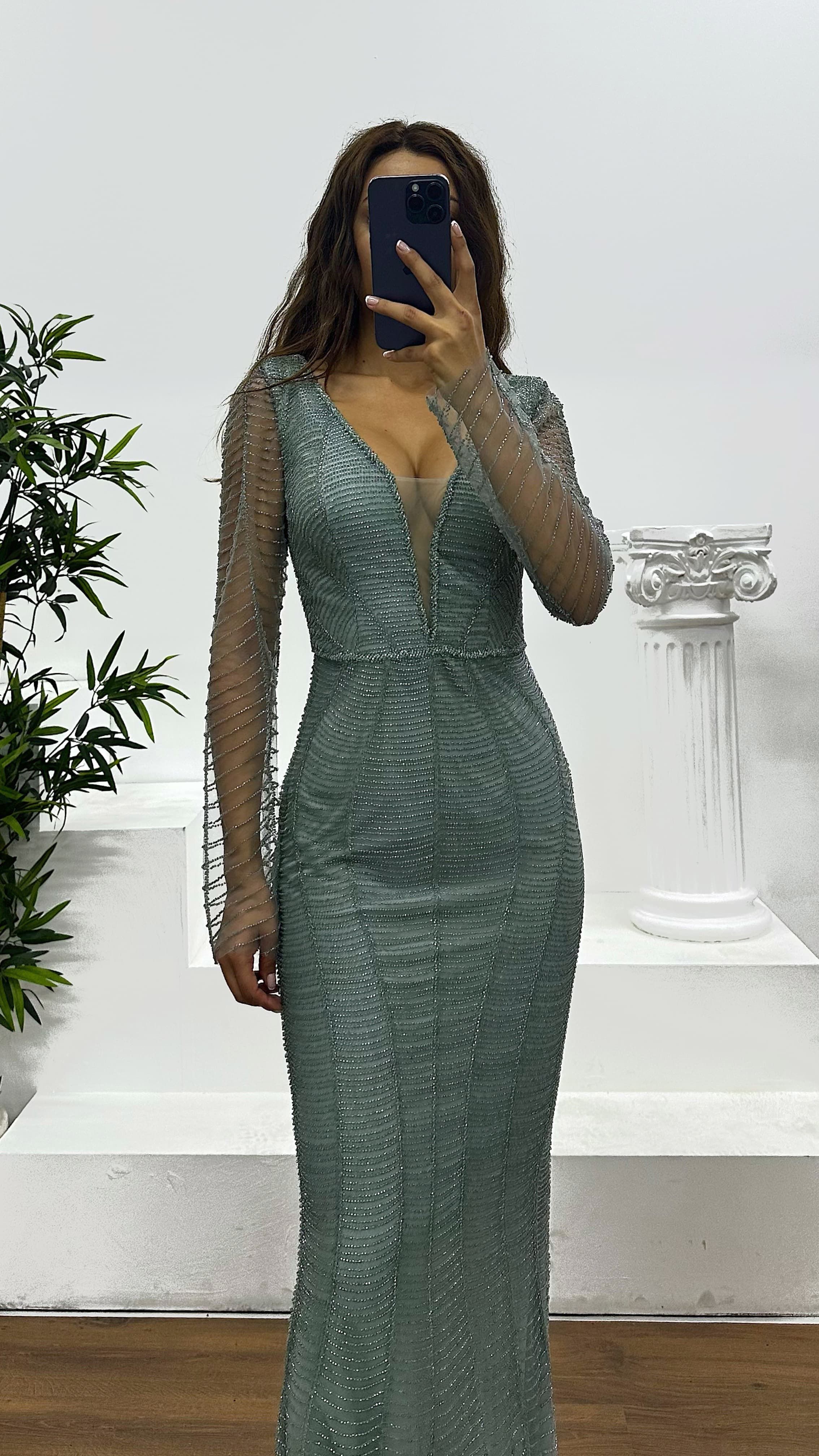 V Neck Embroidered Evening Dress