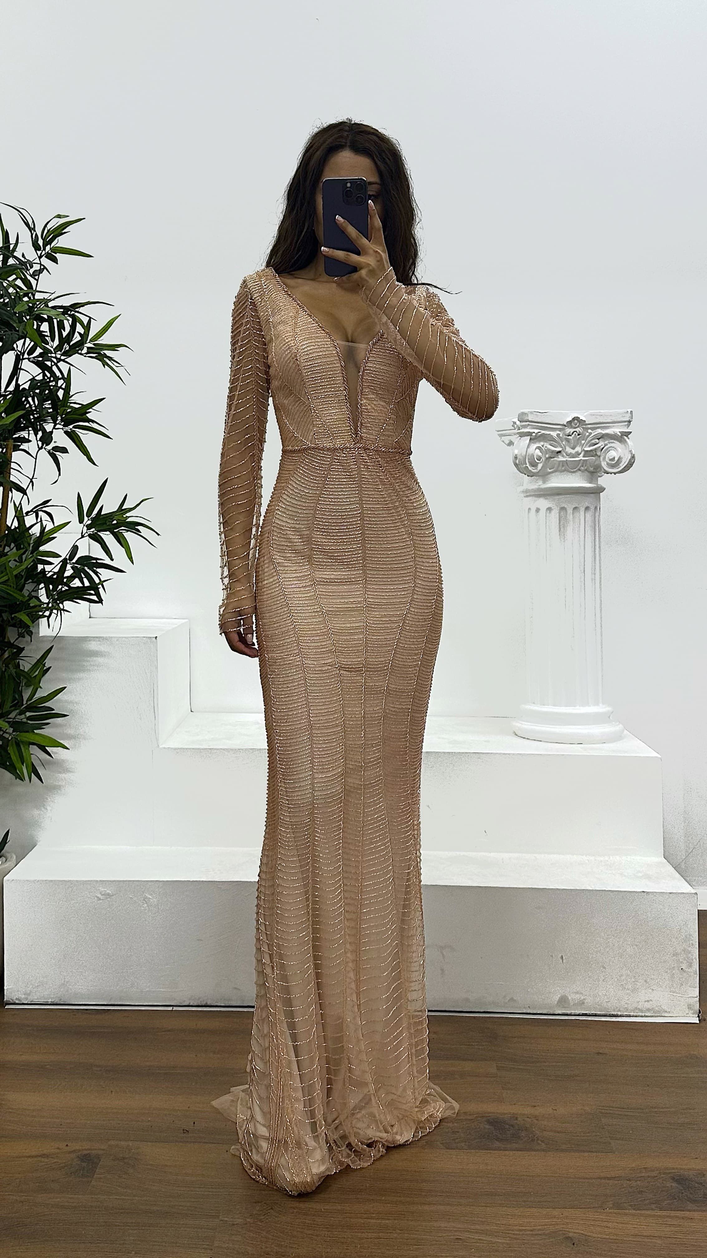 V Neck Embroidered Evening Dress