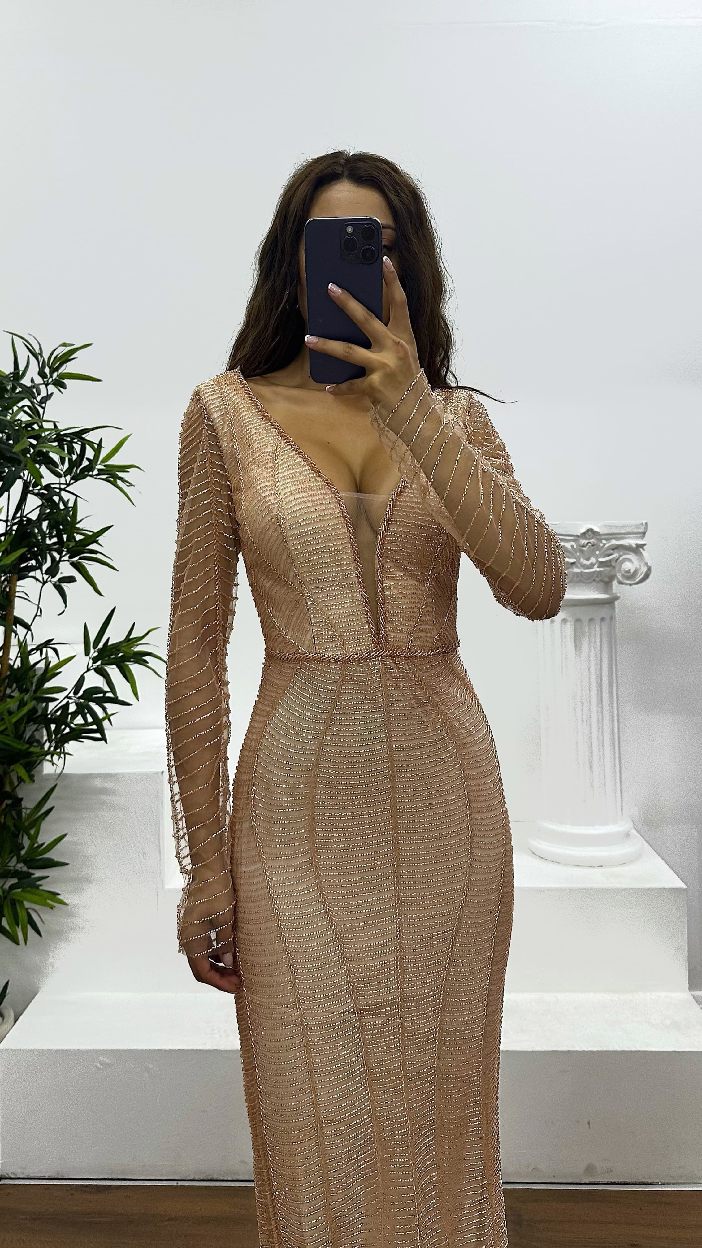 V Neck Embroidered Evening Dress