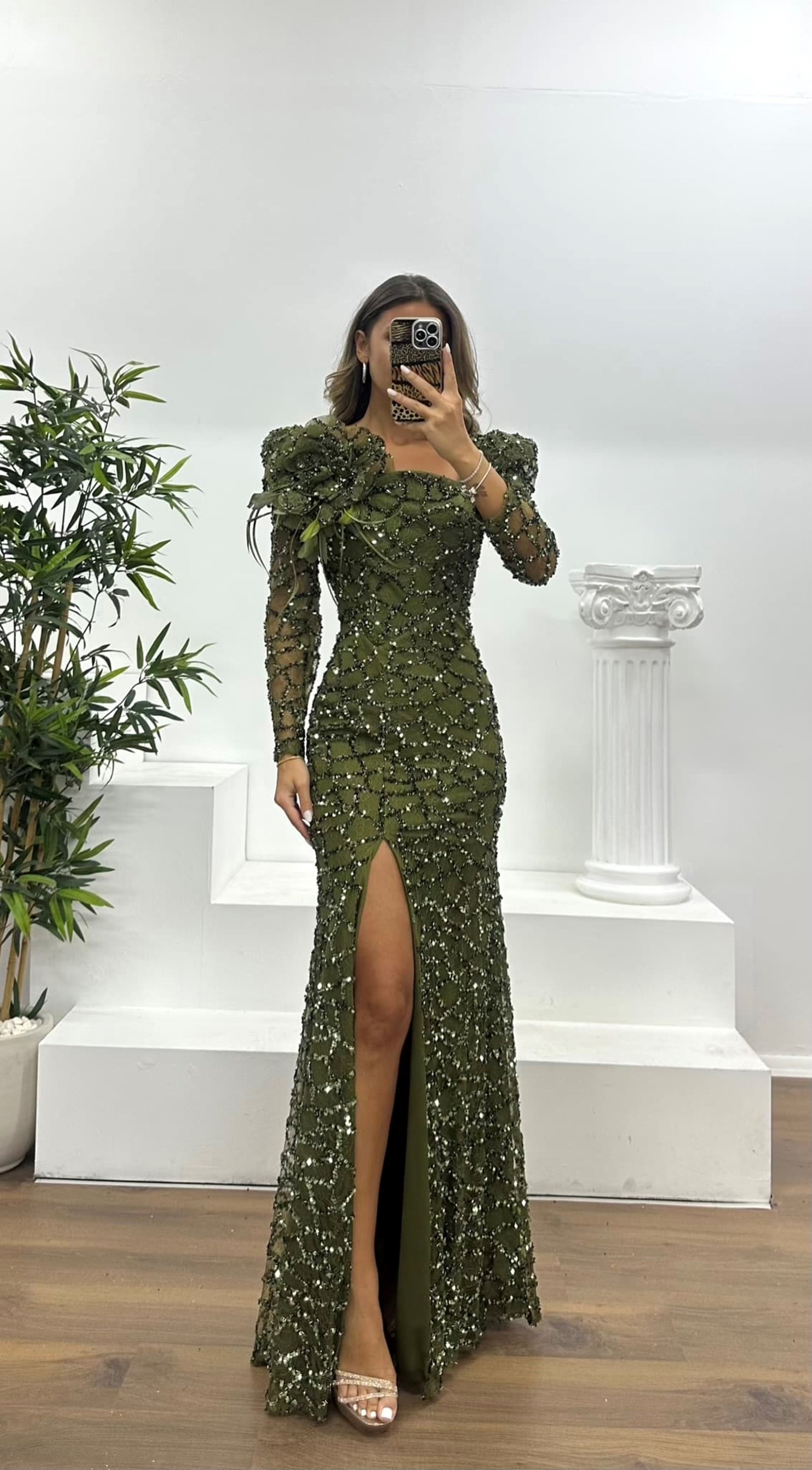 Square Neck Sequined Evening Dress