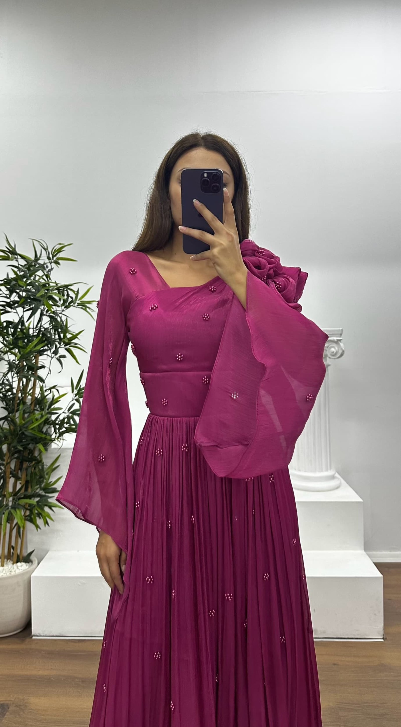 One Shoulder Pearl Detail Chiffon Evening Dress