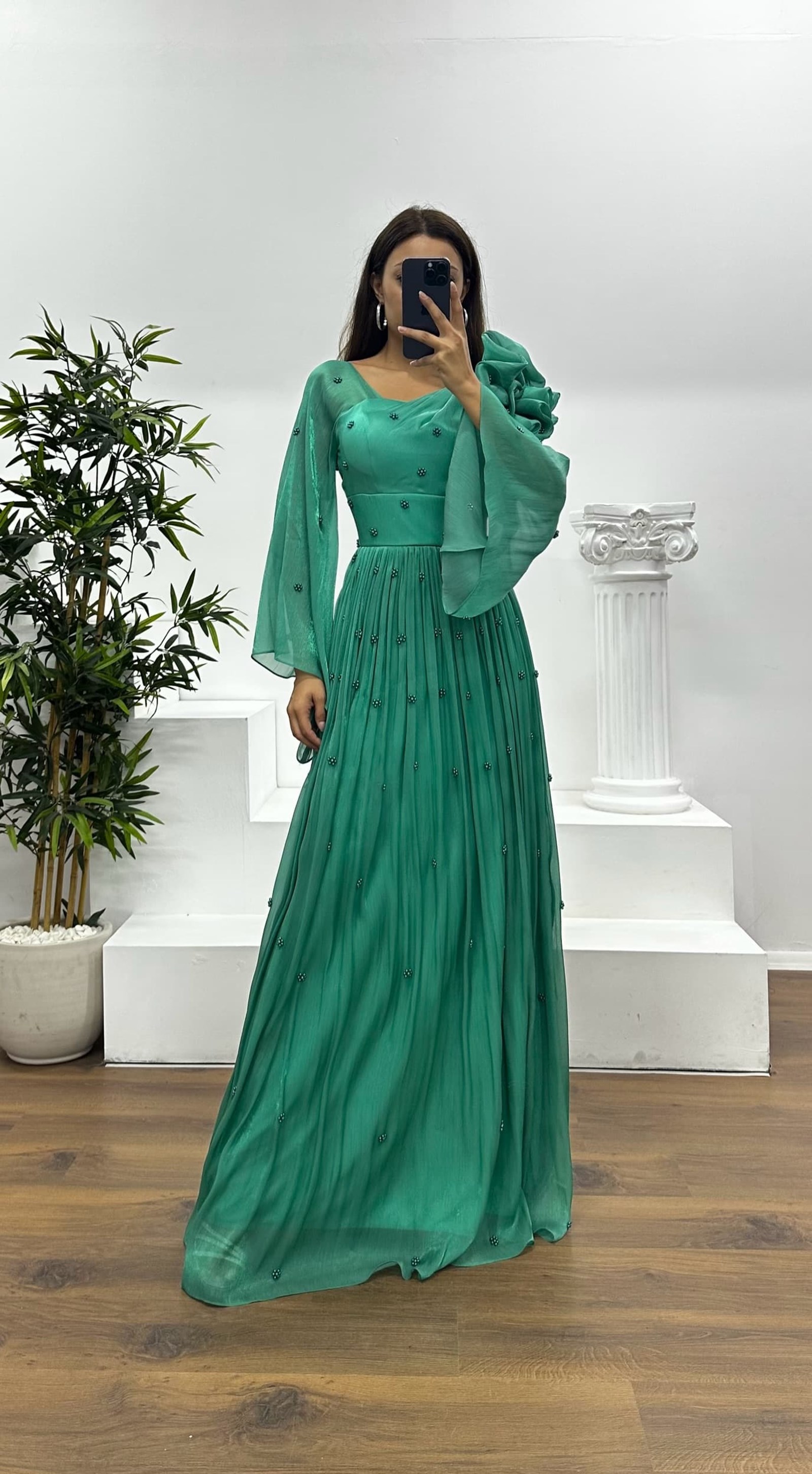 One Shoulder Pearl Detail Chiffon Evening Dress