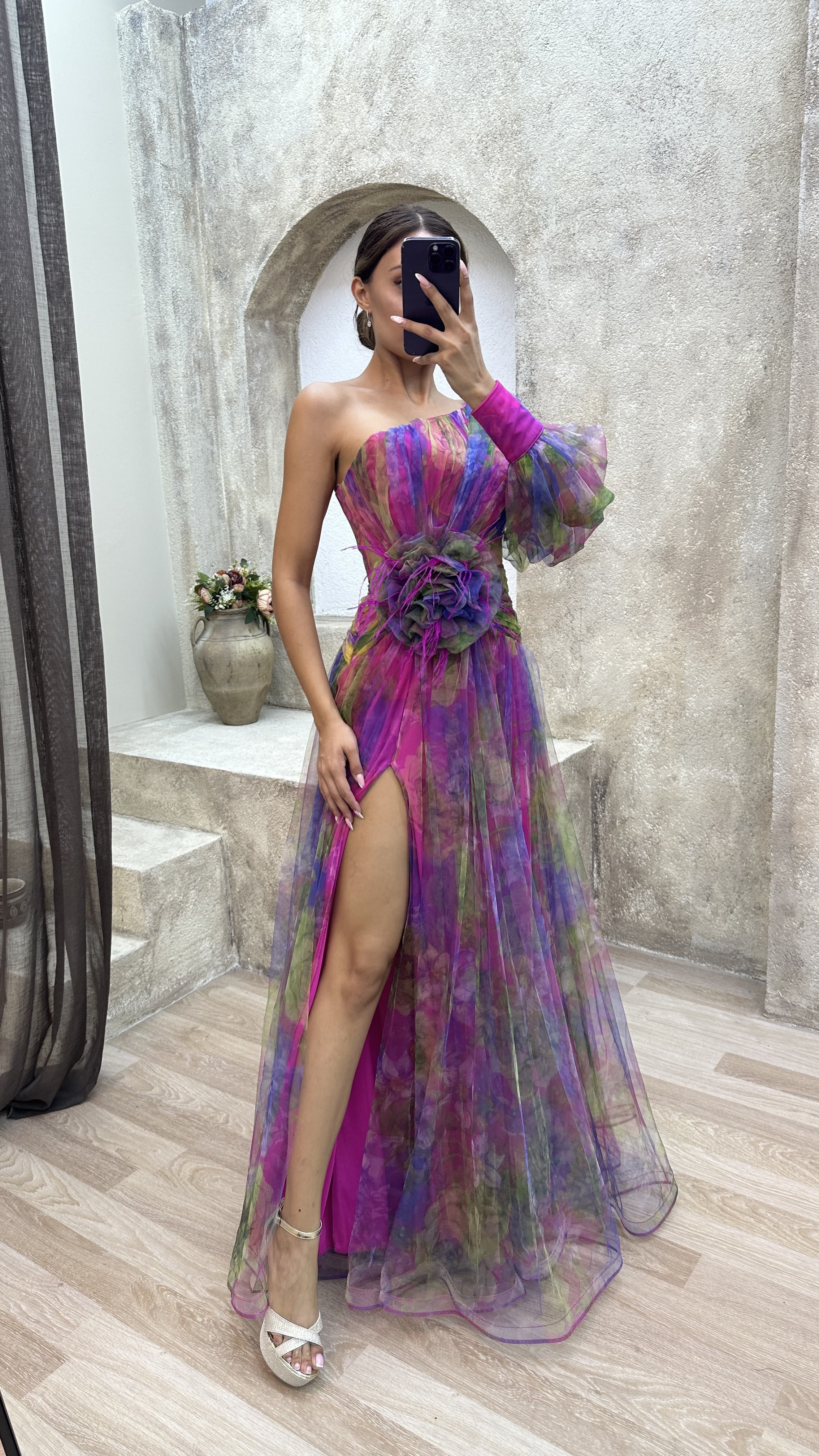 Floral one-shoulder flowy long-sleeved dress