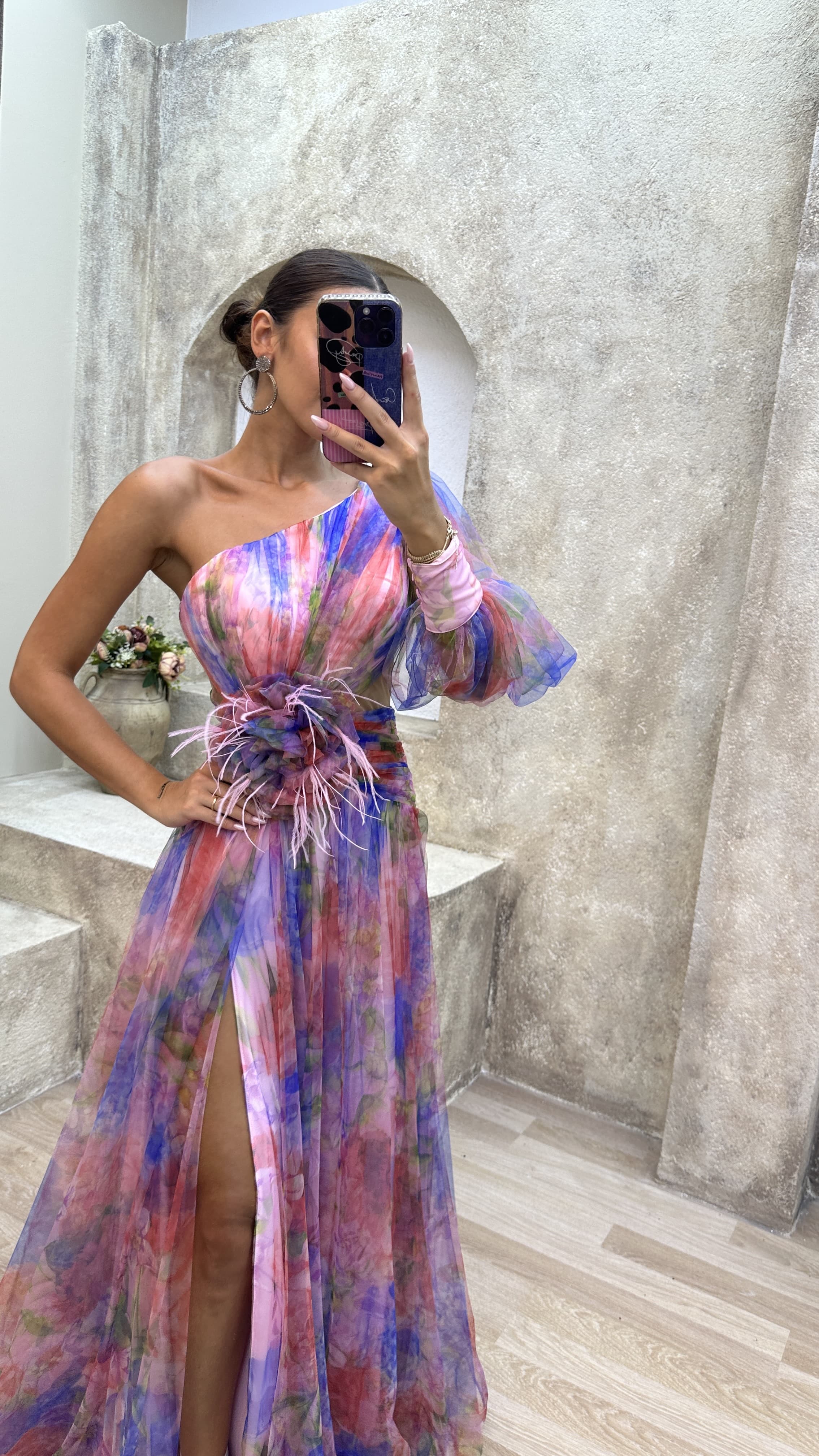 Floral one-shoulder flowy long-sleeved dress