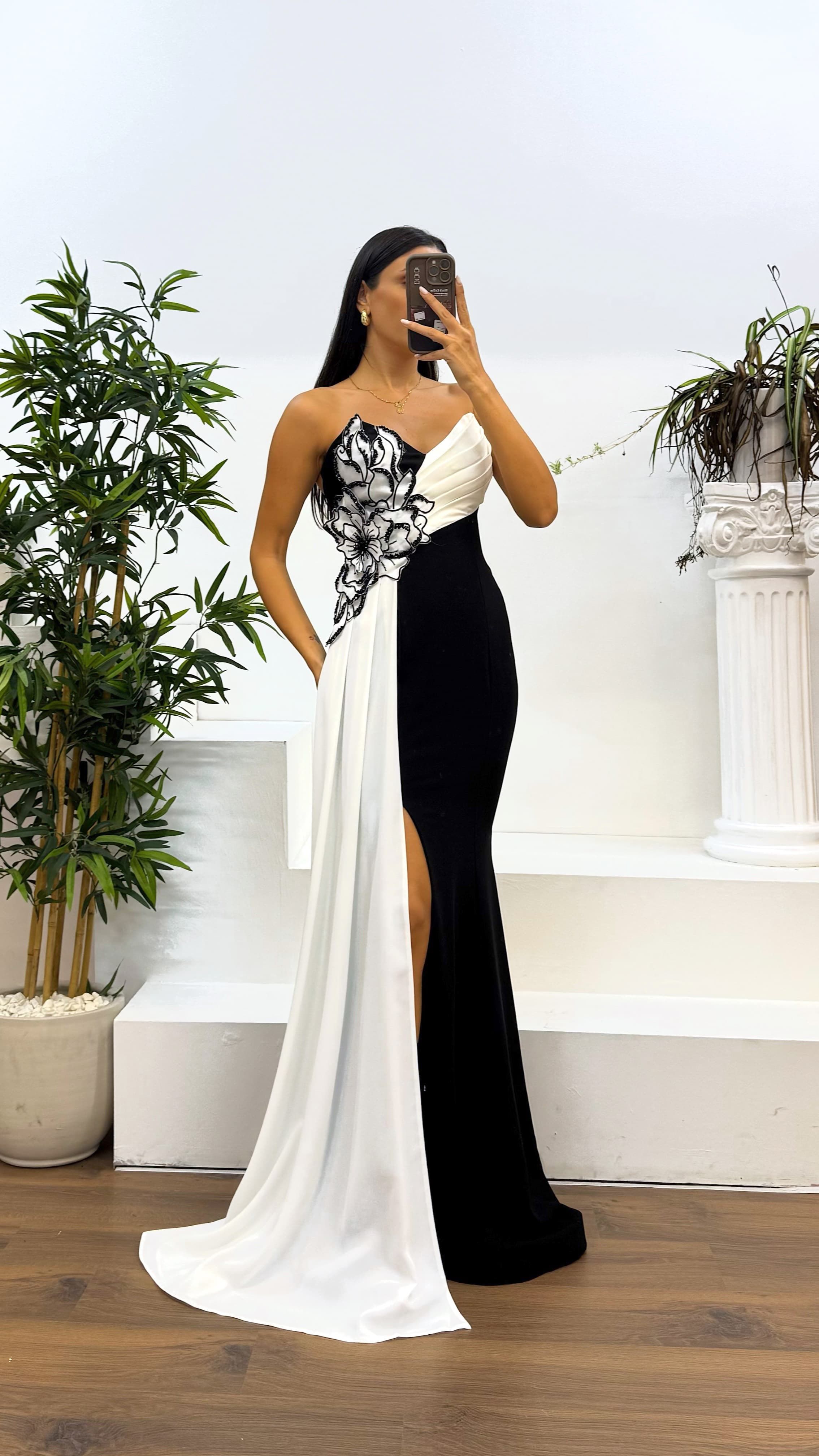 Strapless Floral Detail Evening Dress