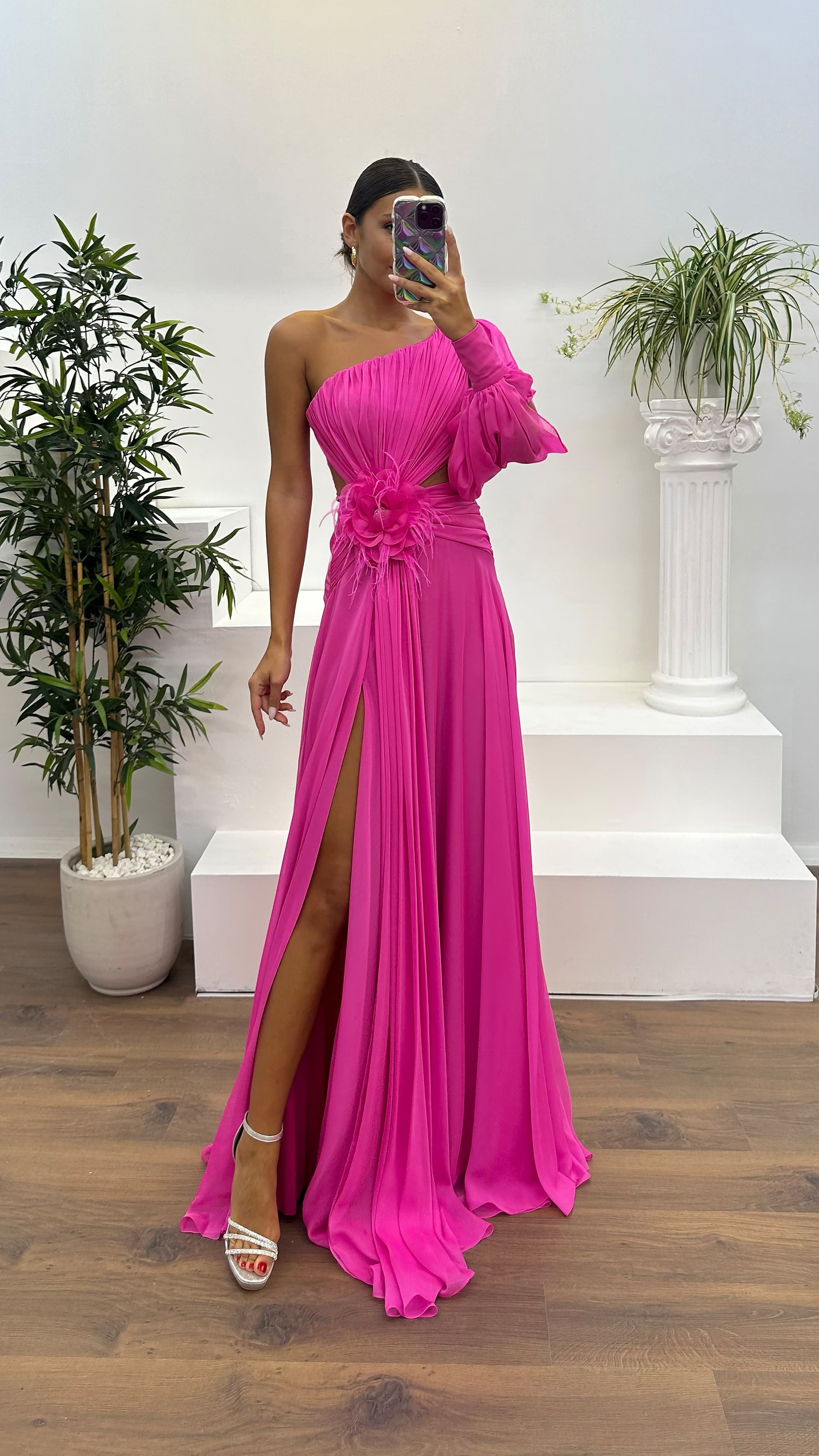 Single Sleeve Waist Sheer Flower Detail Evening Dress
