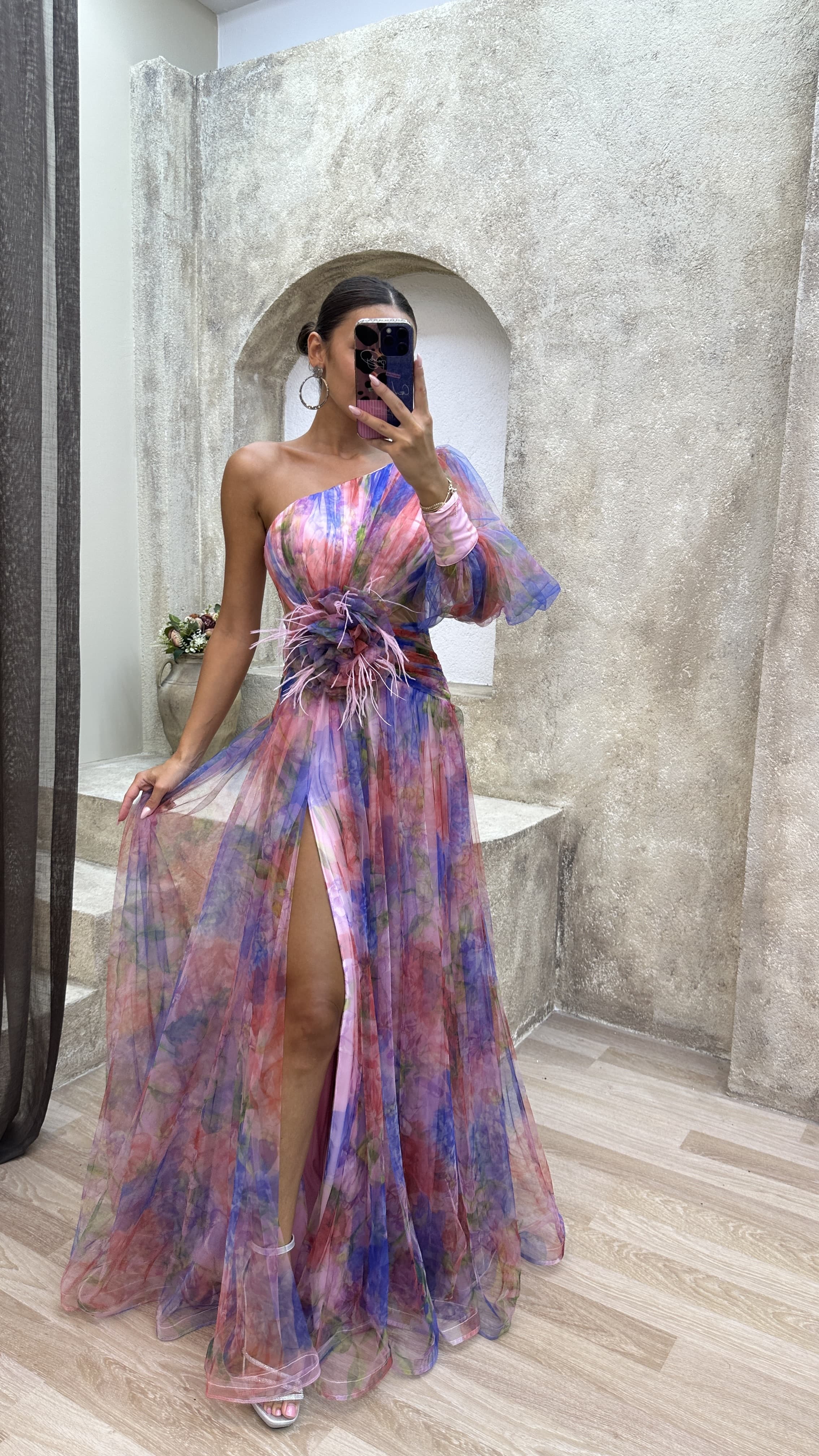 Floral one-shoulder flowy long-sleeved dress