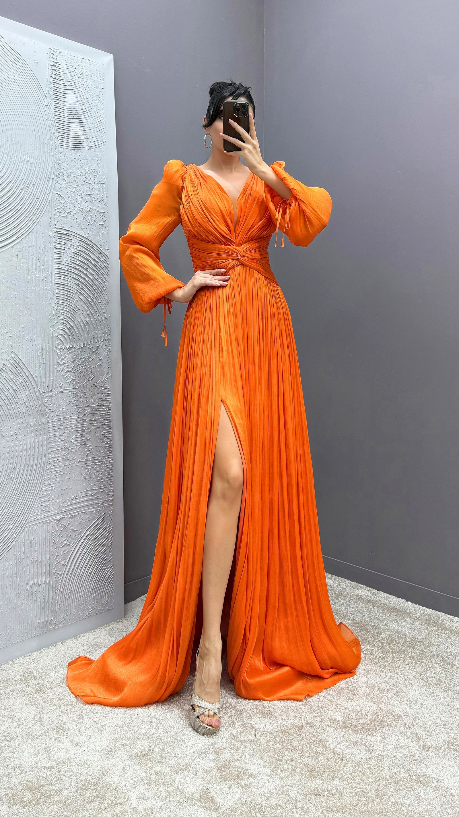 BEIGE BALLOON SLEEVE DRAPED DESIGN DRESS
