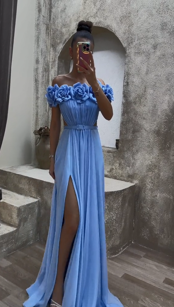 CHEST ROSE DETAIL DESIGN SATIN EVENING DRESS