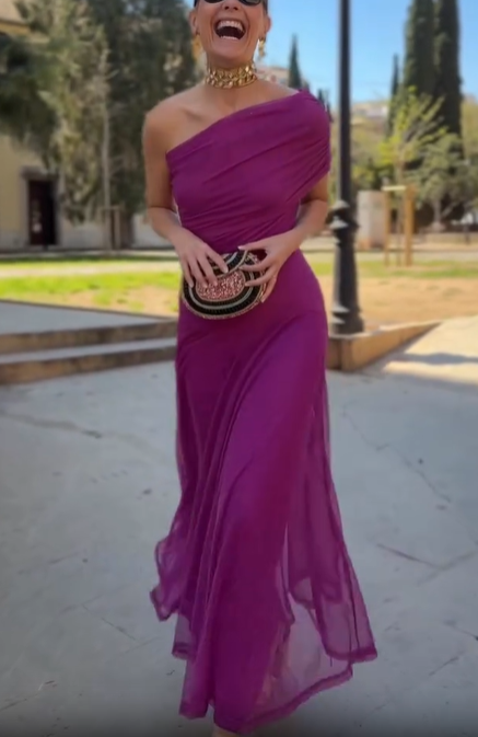 One-Shoulder Ruched Chiffon Maxi Dress