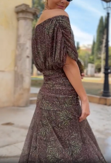 Dark Brown Printed Strapless Pleated Chiffon Dress