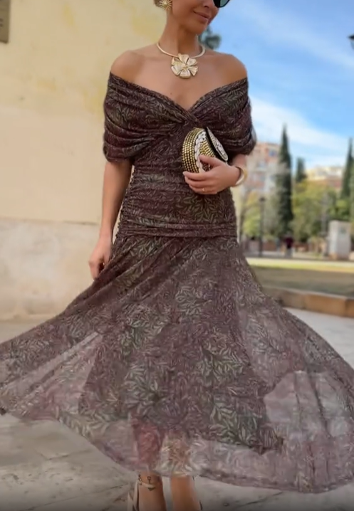 Dark Brown Printed Strapless Pleated Chiffon Dress