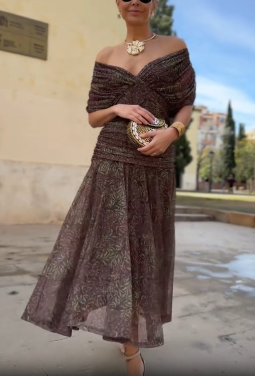 Dark Brown Printed Strapless Pleated Chiffon Dress