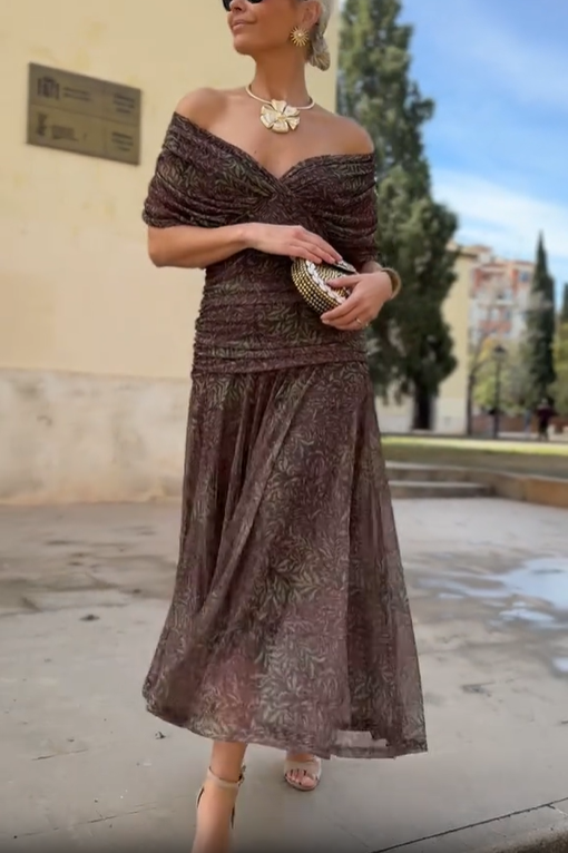 Dark Brown Printed Strapless Pleated Chiffon Dress