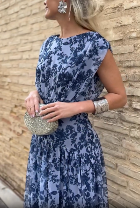 Blue Romantic Garden Print Flowy Tiered Midi Dress