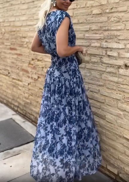 Blue Romantic Garden Print Flowy Tiered Midi Dress