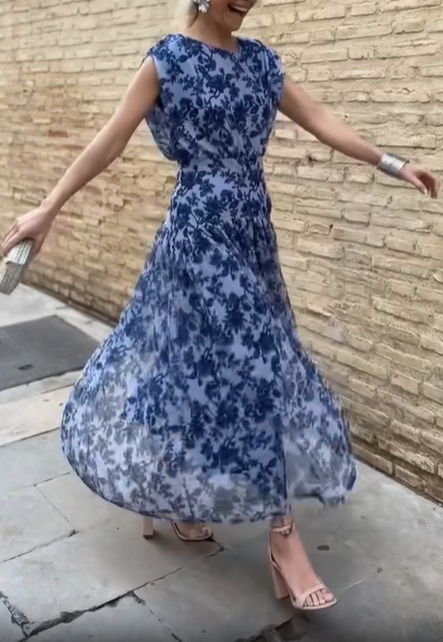 Blue Romantic Garden Print Flowy Tiered Midi Dress