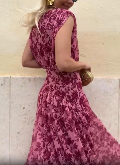 Blue Romantic Garden Print Flowy Tiered Midi Dress